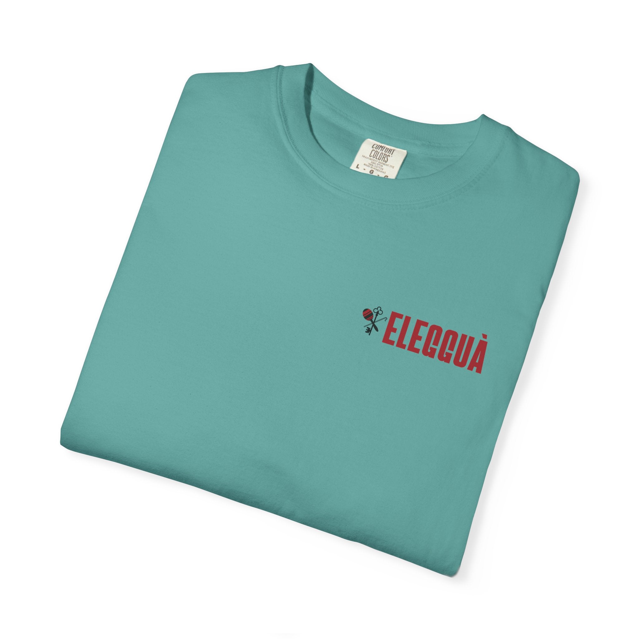 Elegguà T-Shirt — Afro Child Illustration Tee with Repeated Text Back Print