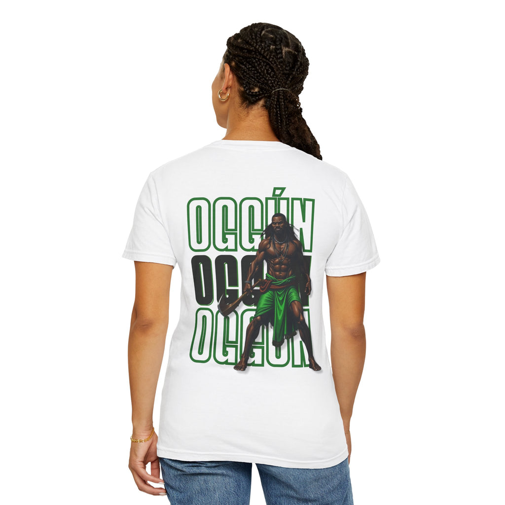 Oggún warrior illustration T-shirt | Afro-Caribbean deity art, green back print