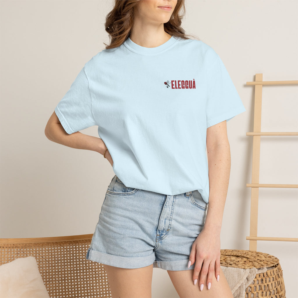 Elegguà T-Shirt — Afro Child Illustration Tee with Repeated Text Back Print