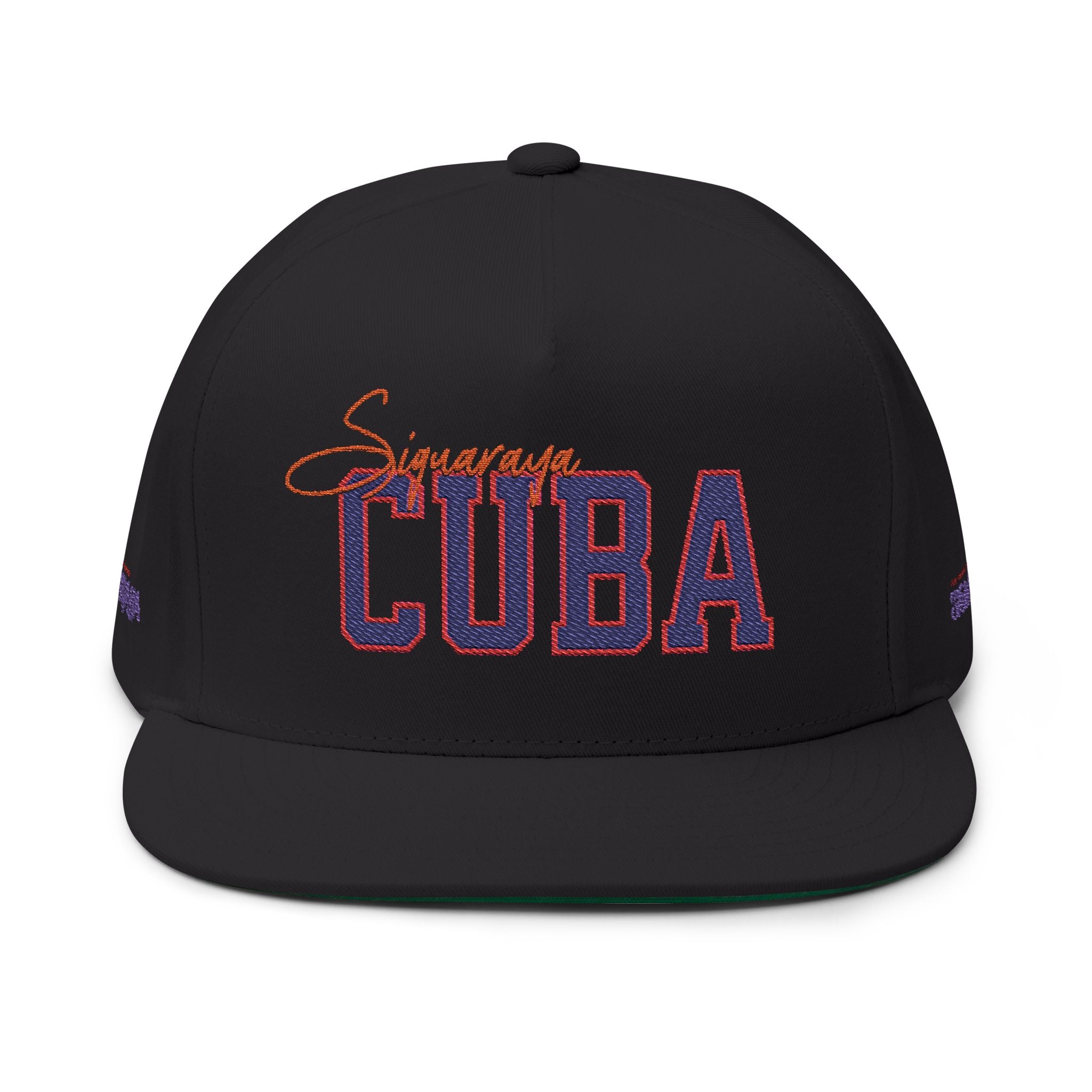 Cuba Embroidered Flat Bill Cap — Vintage Script Cuban Pride Snapback