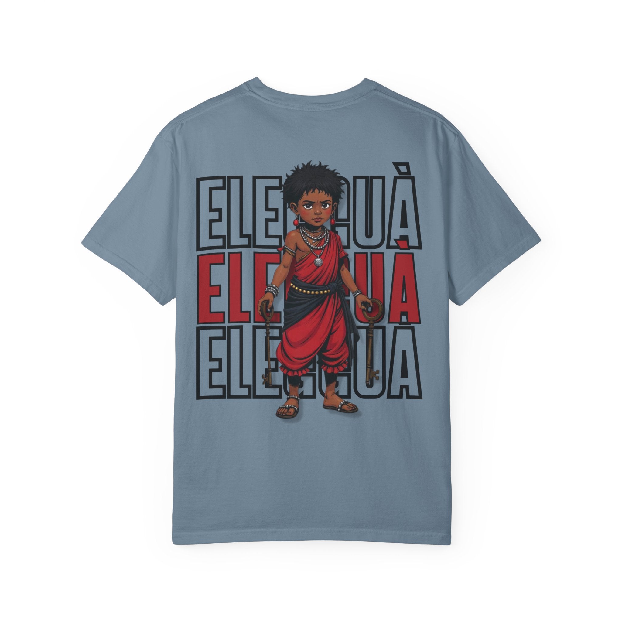 Elegguà T-Shirt — Afro Child Illustration Tee with Repeated Text Back Print