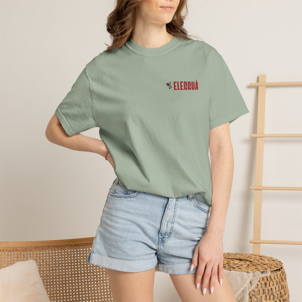 Elegguà T-Shirt — Afro Child Illustration Tee with Repeated Text Back Print