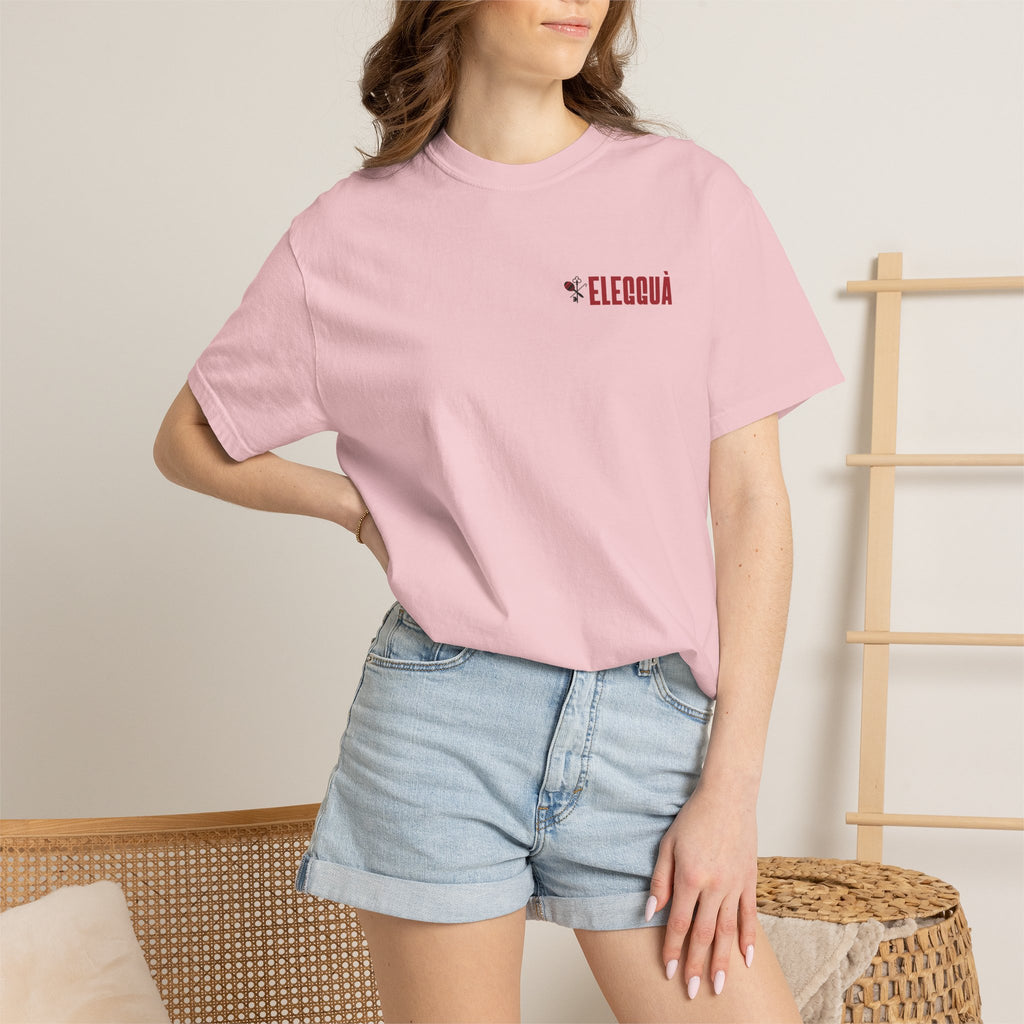 Elegguà T-Shirt — Afro Child Illustration Tee with Repeated Text Back Print