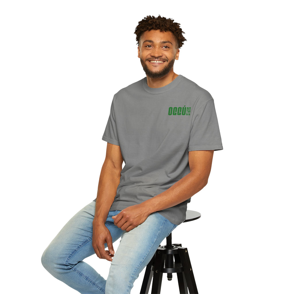 Oggún warrior illustration T-shirt | Afro-Caribbean deity art, green back print