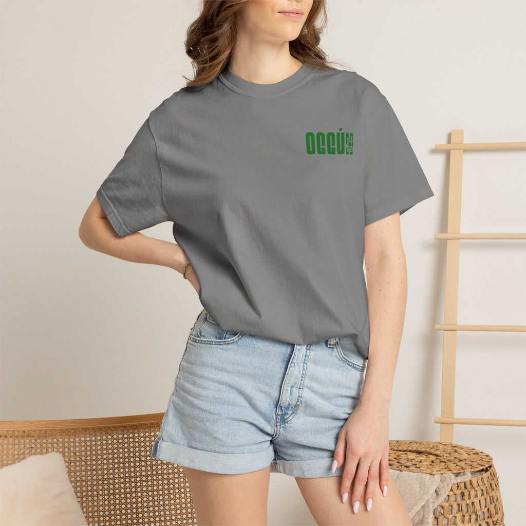 Oggún warrior illustration T-shirt | Afro-Caribbean deity art, green back print