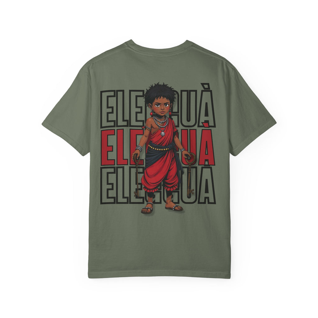 Elegguà T-Shirt — Afro Child Illustration Tee with Repeated Text Back Print
