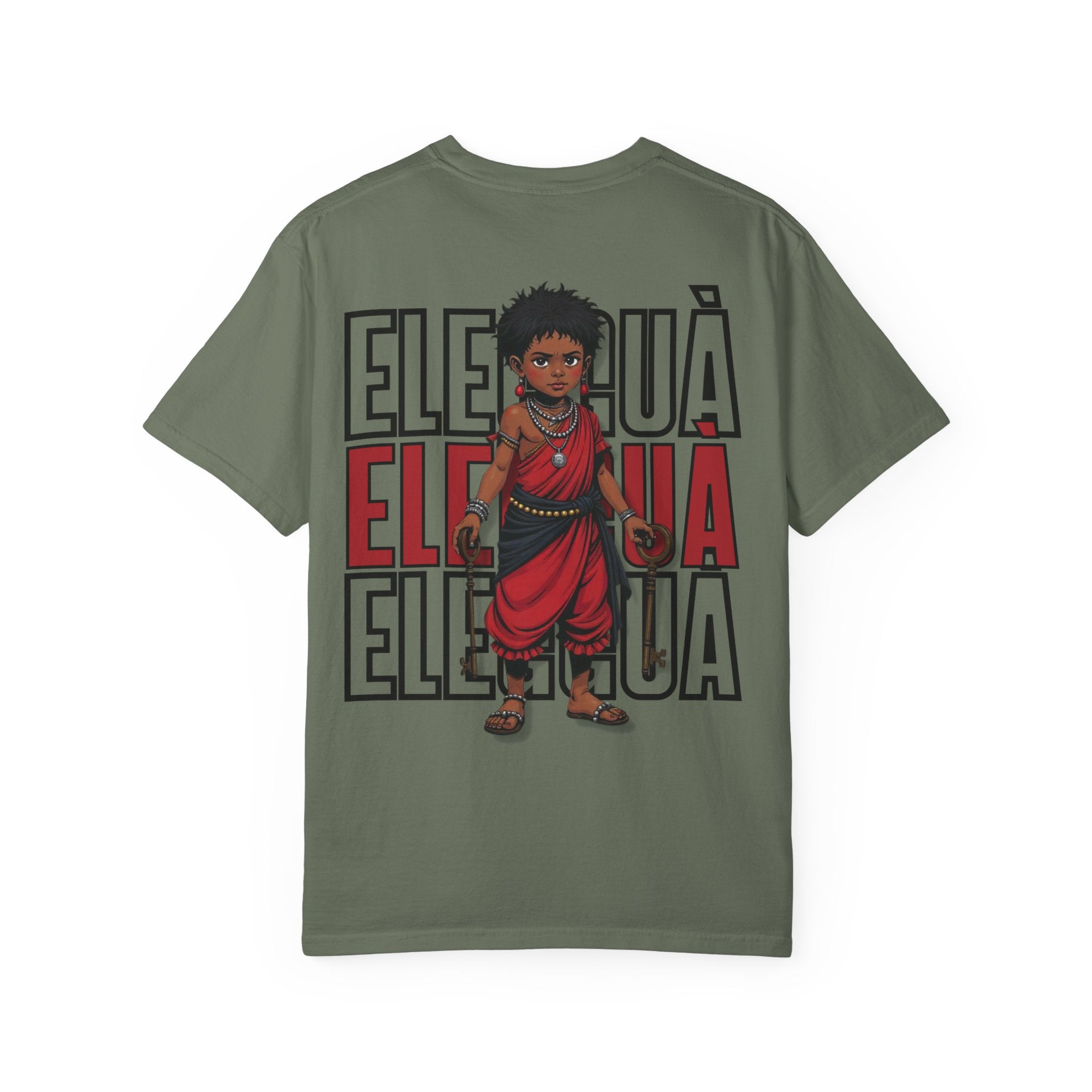 Elegguà T-Shirt — Afro Child Illustration Tee with Repeated Text Back Print