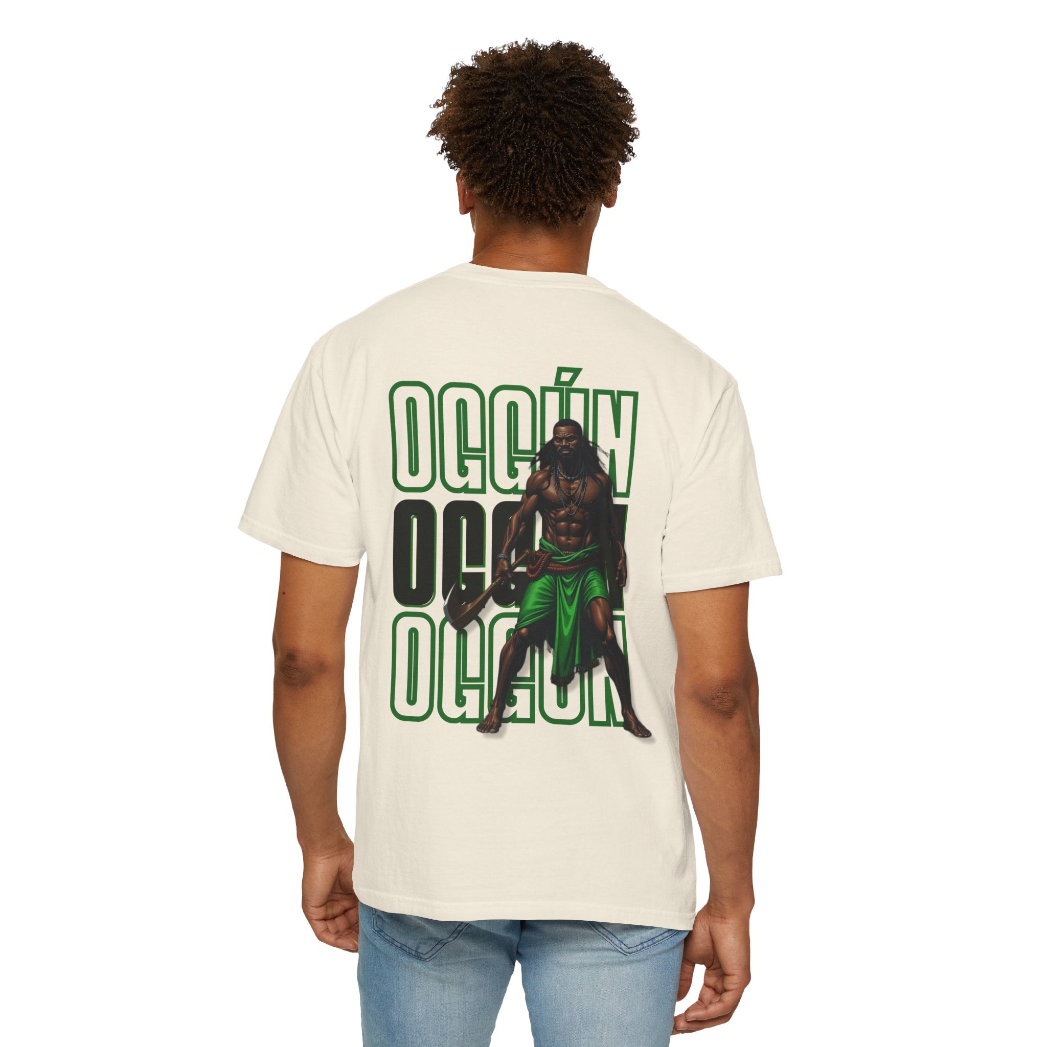 Oggún warrior illustration T-shirt | Afro-Caribbean deity art, green back print