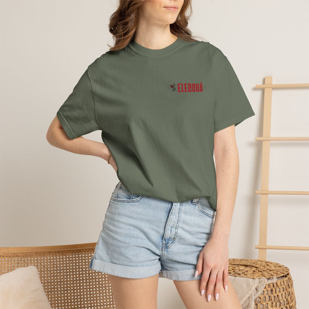 Elegguà T-Shirt — Afro Child Illustration Tee with Repeated Text Back Print