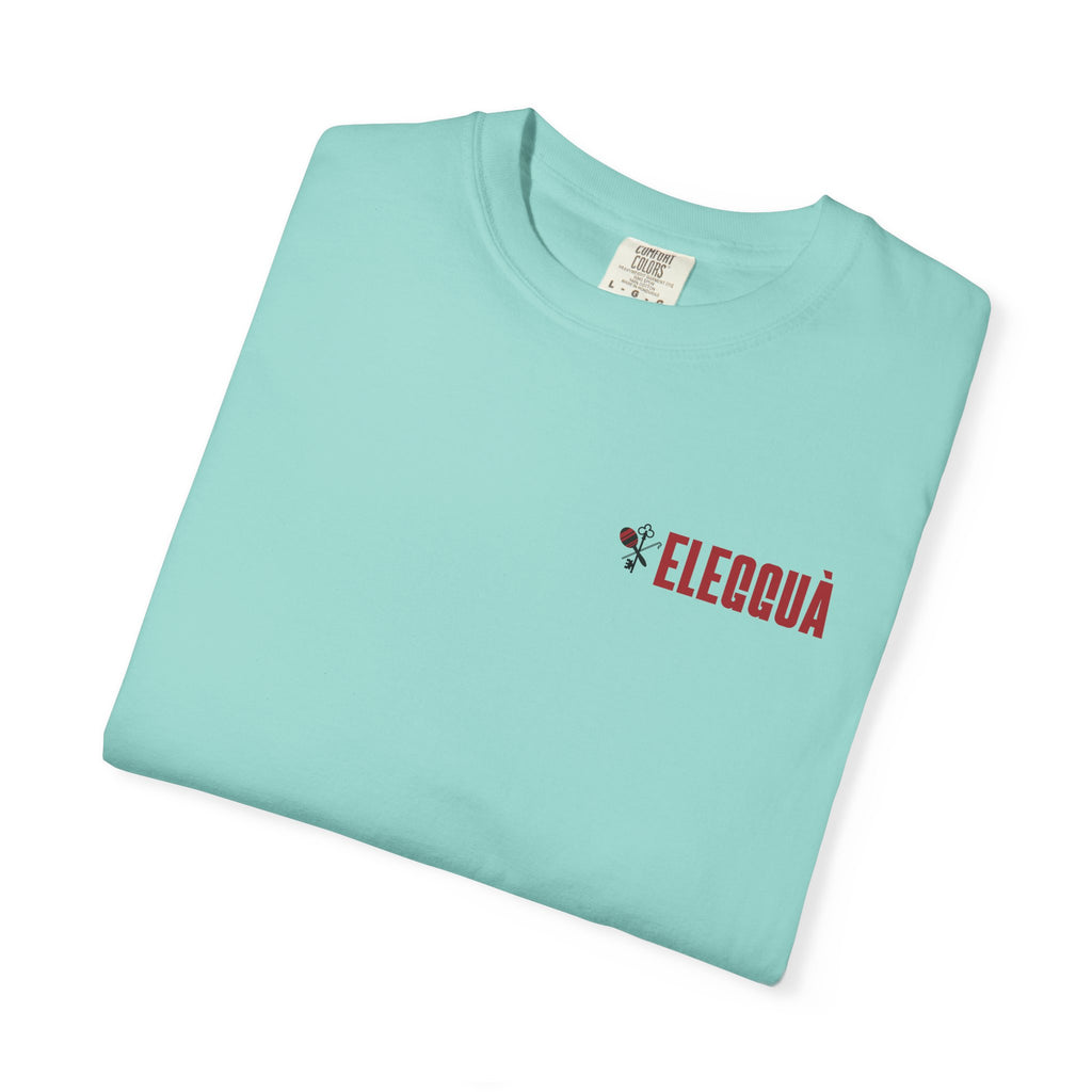 Elegguà T-Shirt — Afro Child Illustration Tee with Repeated Text Back Print