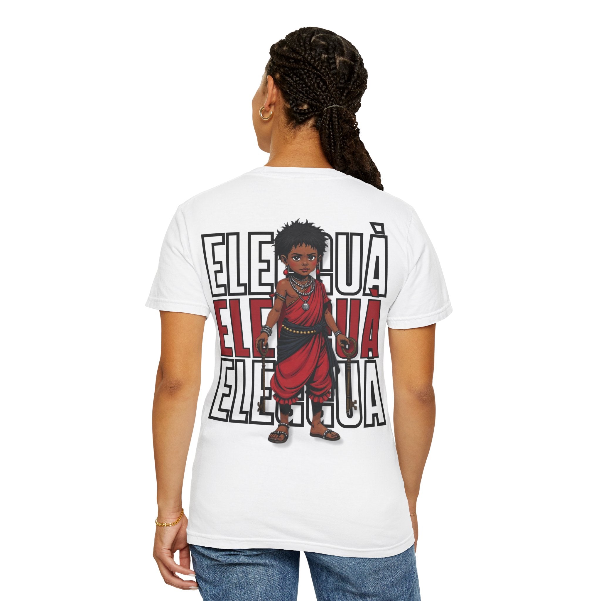 Elegguà T-Shirt — Afro Child Illustration Tee with Repeated Text Back Print