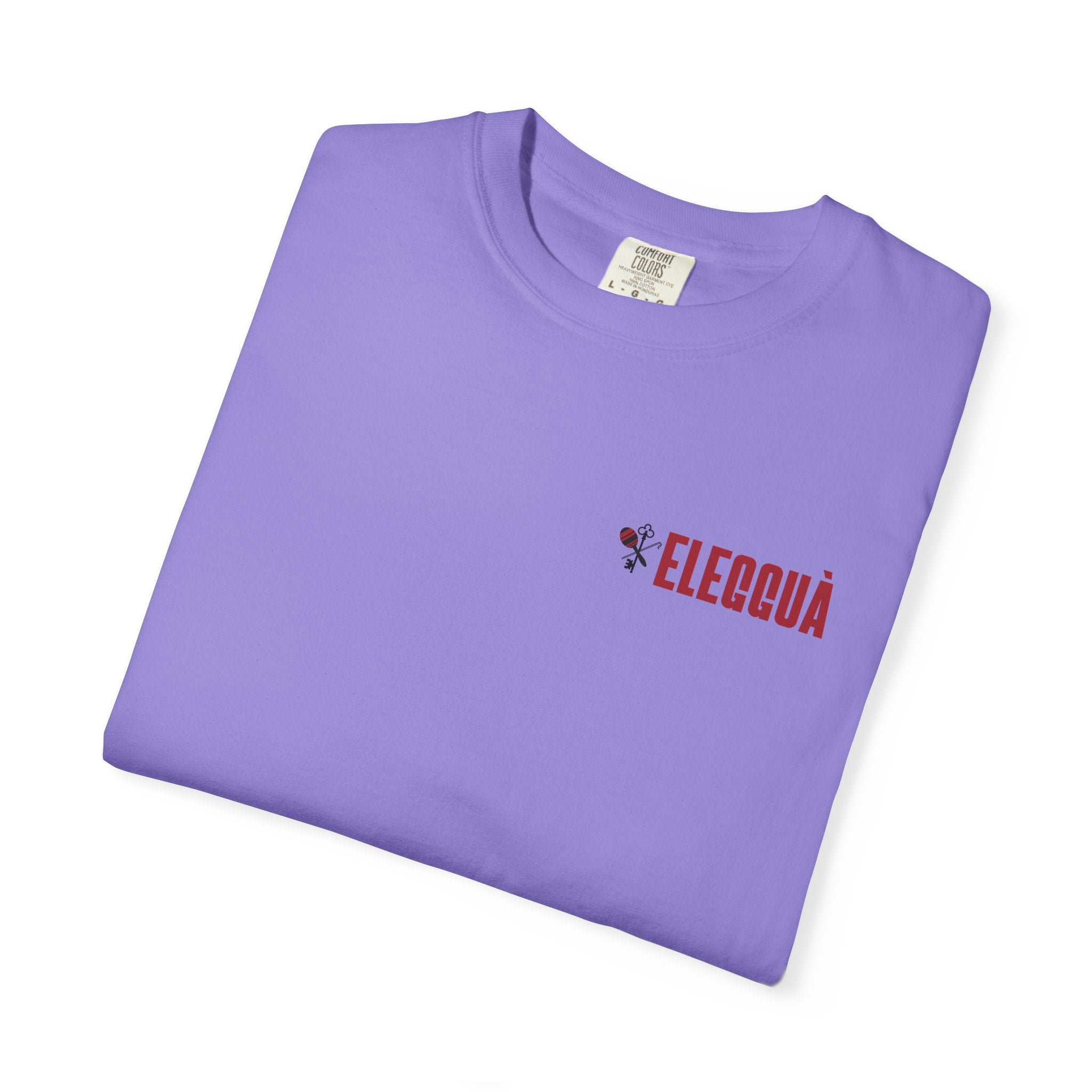 Elegguà T-Shirt — Afro Child Illustration Tee with Repeated Text Back Print