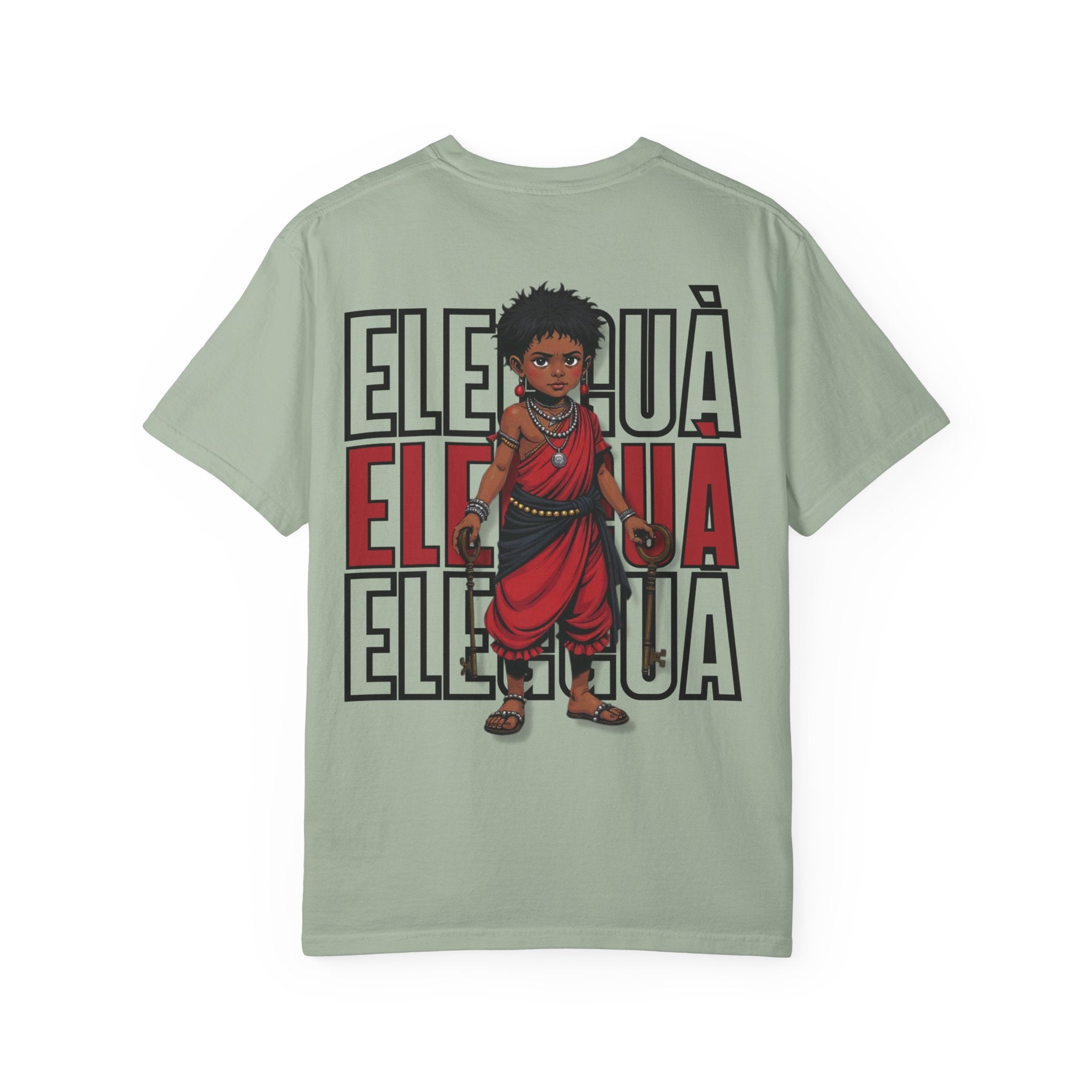 Elegguà T-Shirt — Afro Child Illustration Tee with Repeated Text Back Print