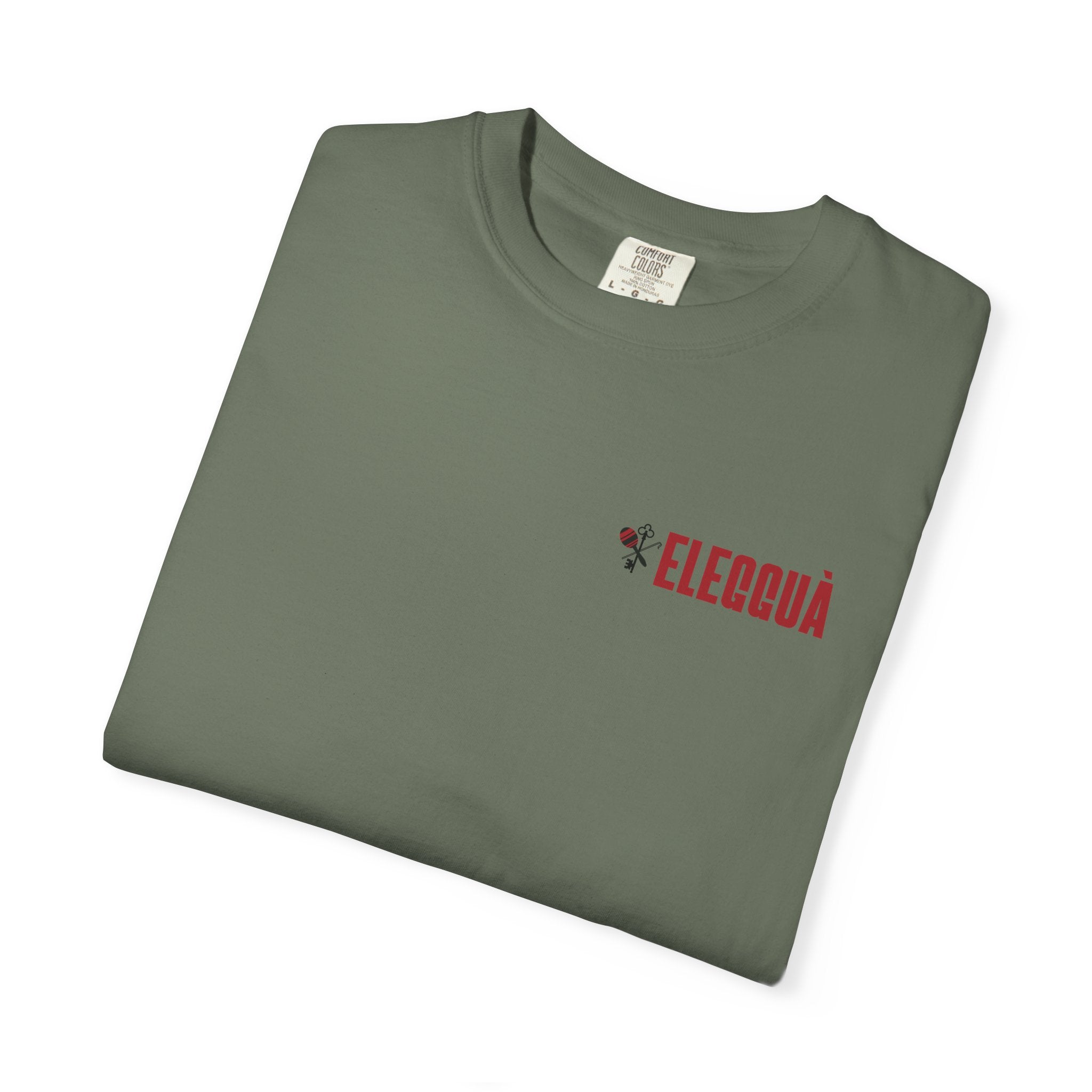 Elegguà T-Shirt — Afro Child Illustration Tee with Repeated Text Back Print