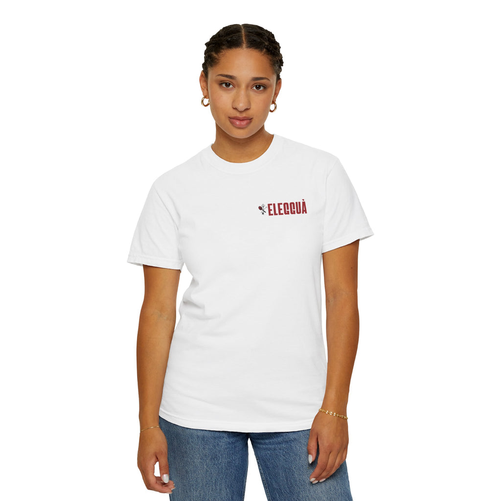Elegguà T-Shirt — Afro Child Illustration Tee with Repeated Text Back Print