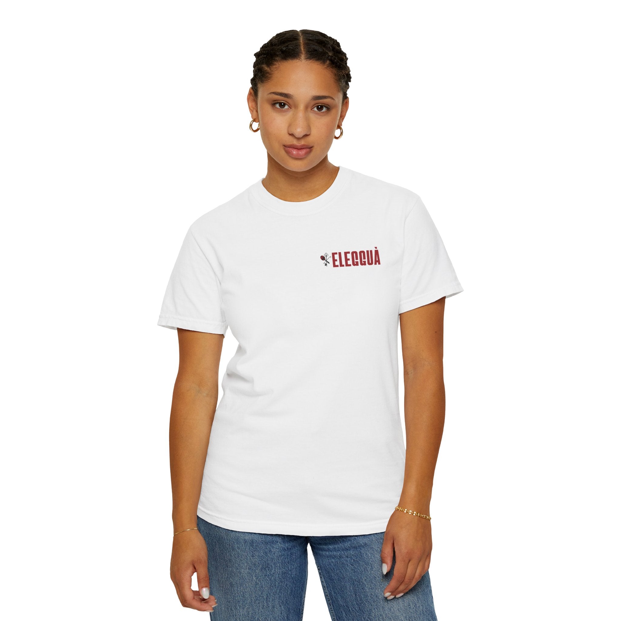 Elegguà T-Shirt — Afro Child Illustration Tee with Repeated Text Back Print