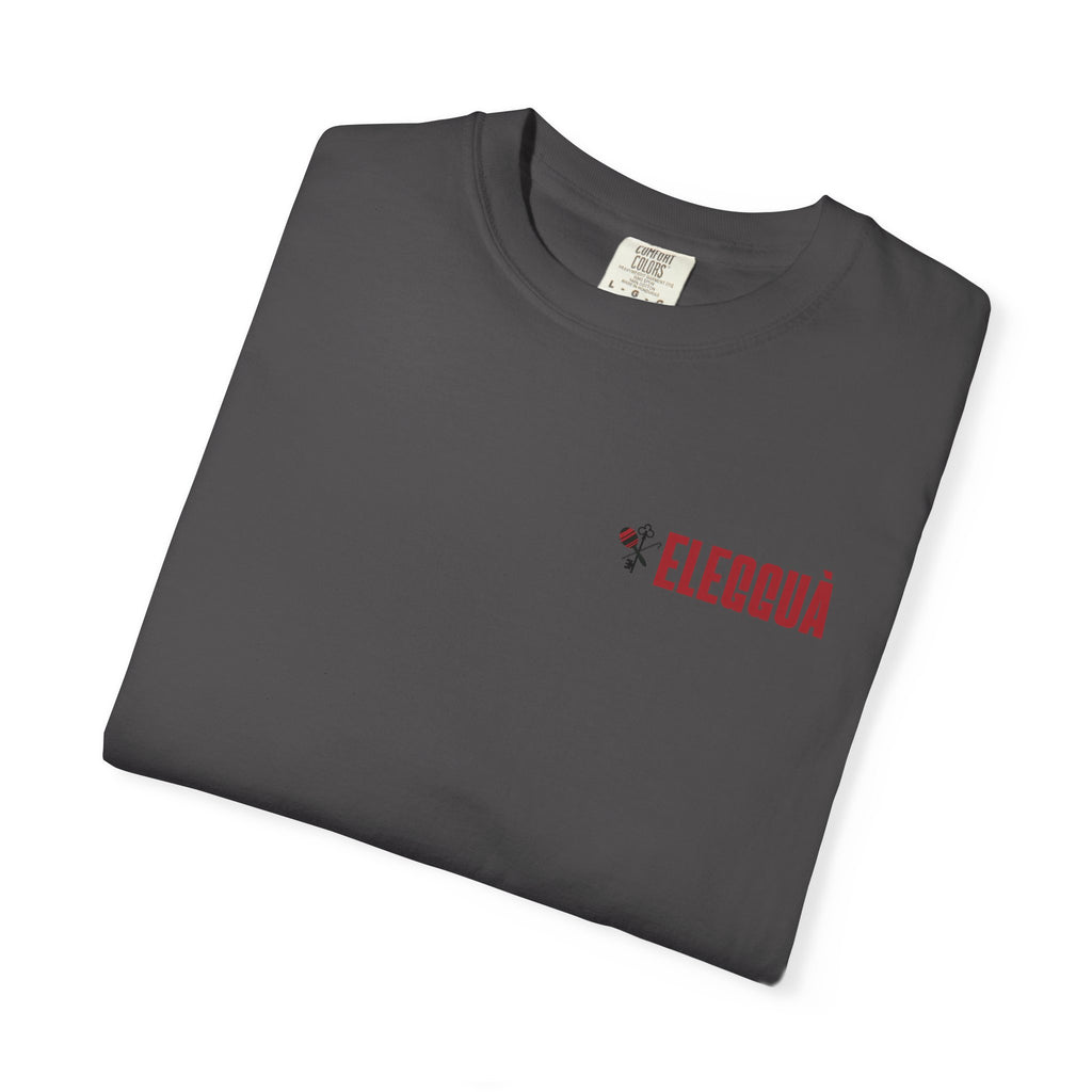 Elegguà T-Shirt — Afro Child Illustration Tee with Repeated Text Back Print