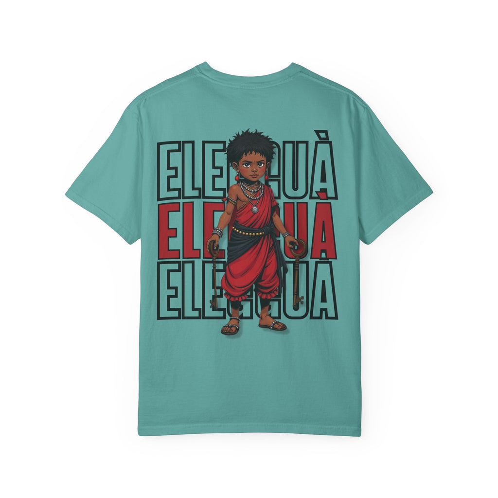 Elegguà T-Shirt — Afro Child Illustration Tee with Repeated Text Back Print