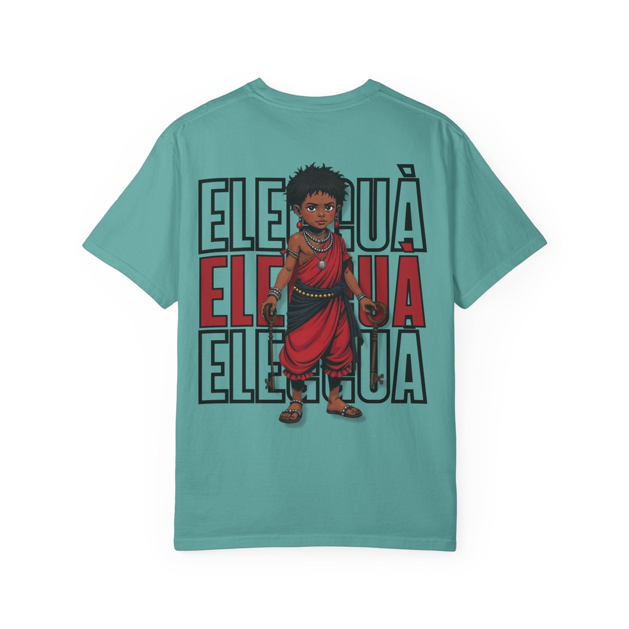 Elegguà T-Shirt — Afro Child Illustration Tee with Repeated Text Back Print