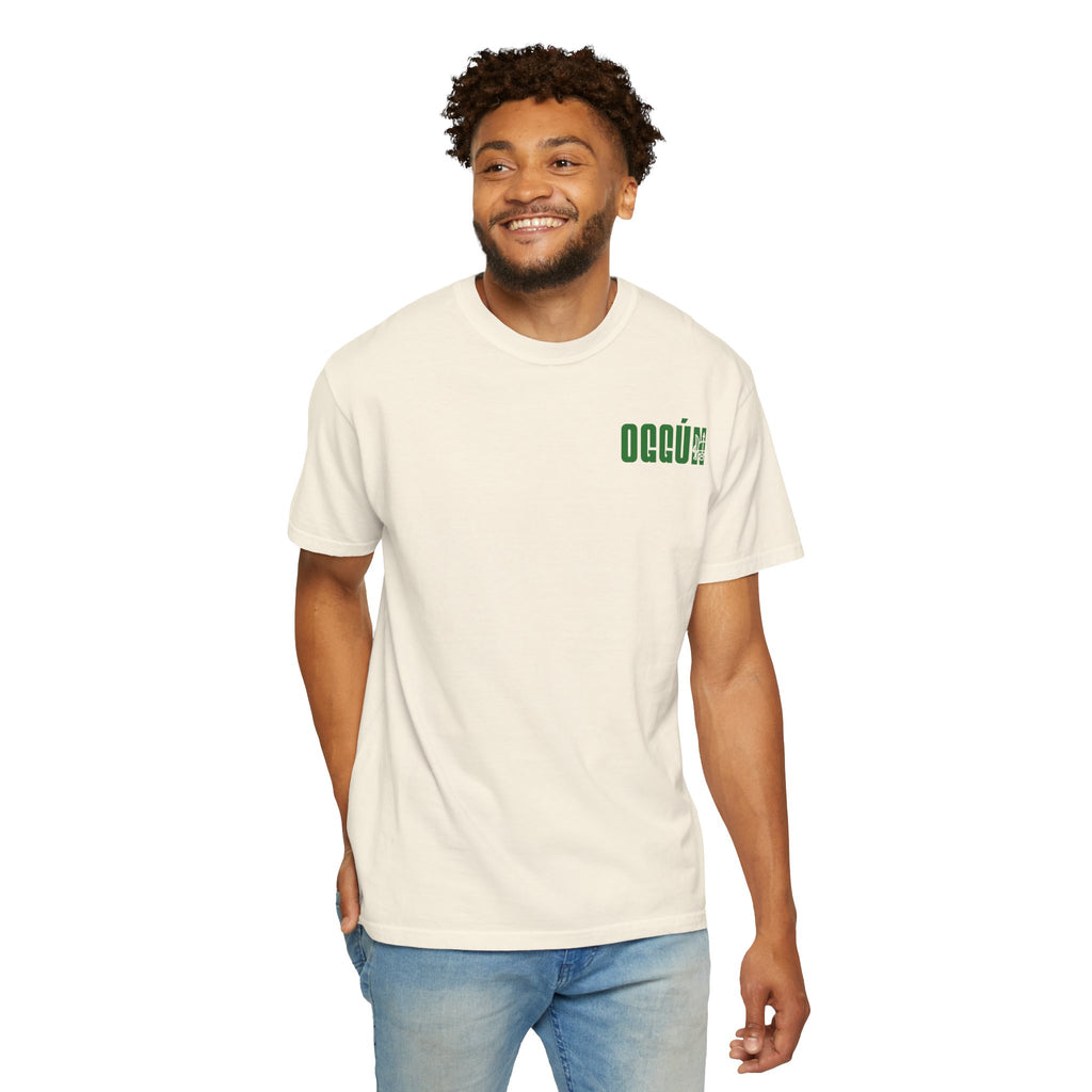 Oggún warrior illustration T-shirt | Afro-Caribbean deity art, green back print