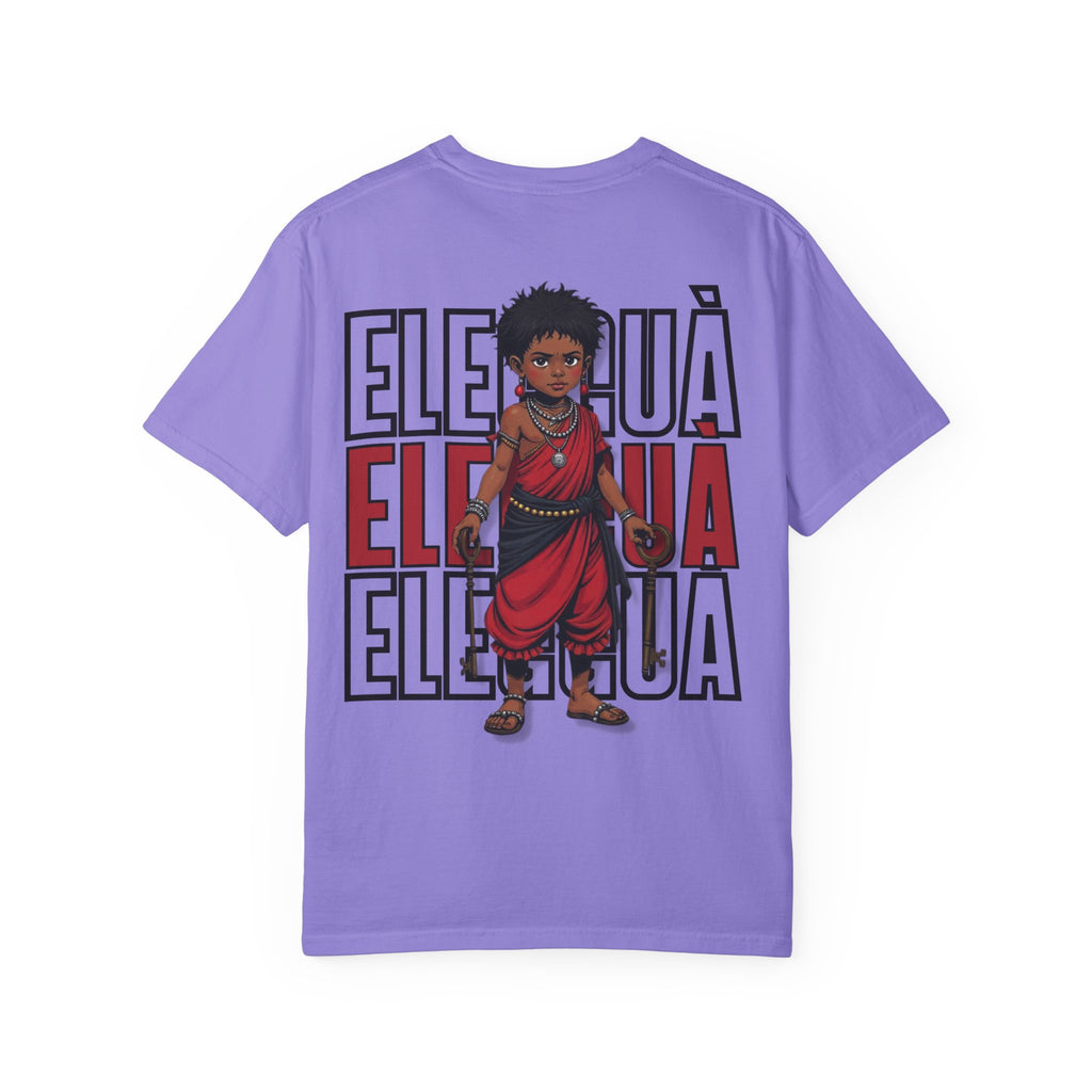 Elegguà T-Shirt — Afro Child Illustration Tee with Repeated Text Back Print