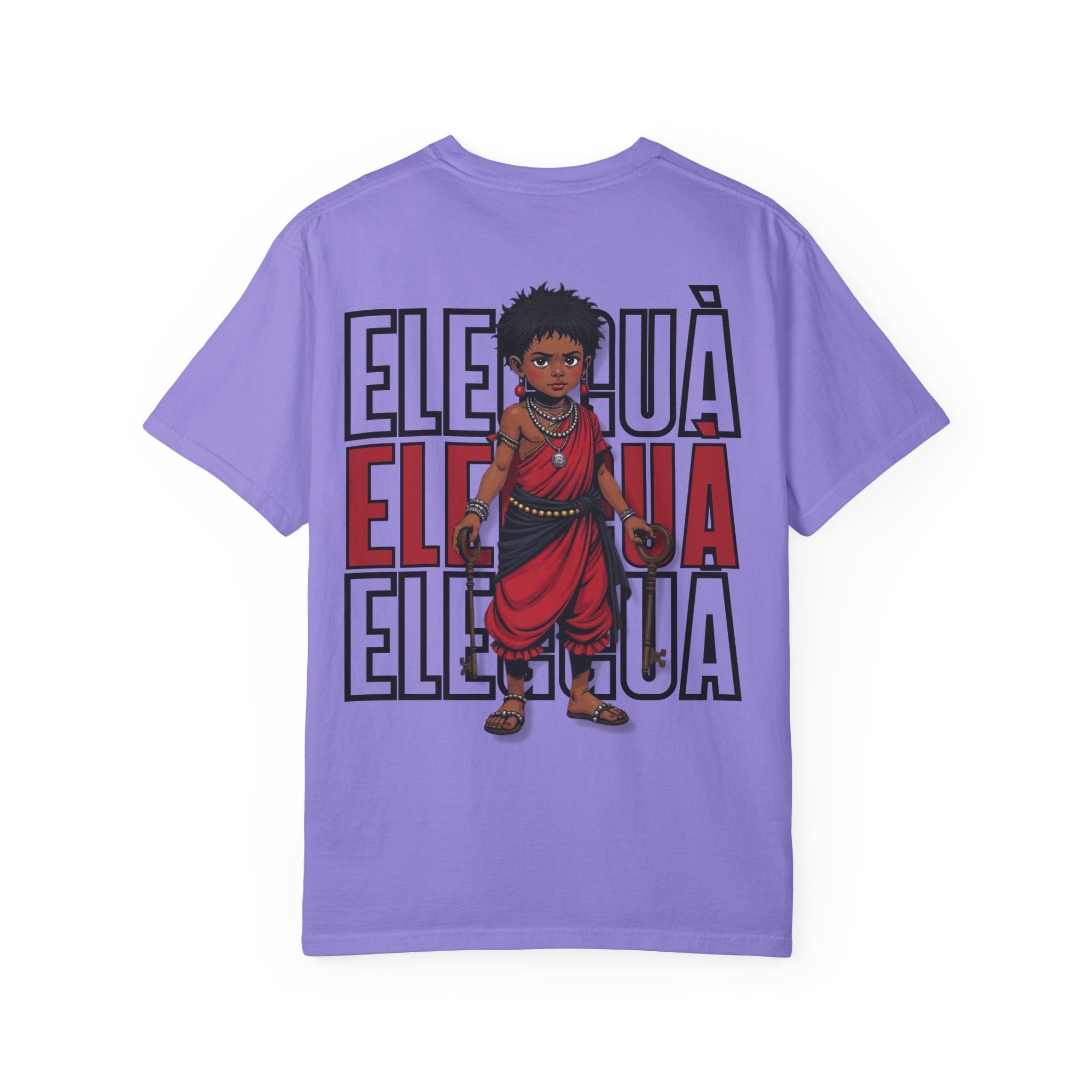 Elegguà T-Shirt — Afro Child Illustration Tee with Repeated Text Back Print