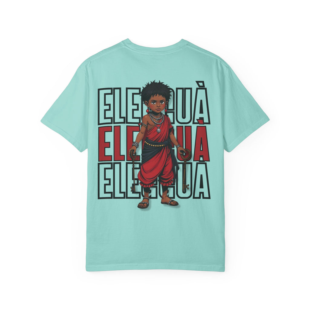 Elegguà T-Shirt — Afro Child Illustration Tee with Repeated Text Back Print