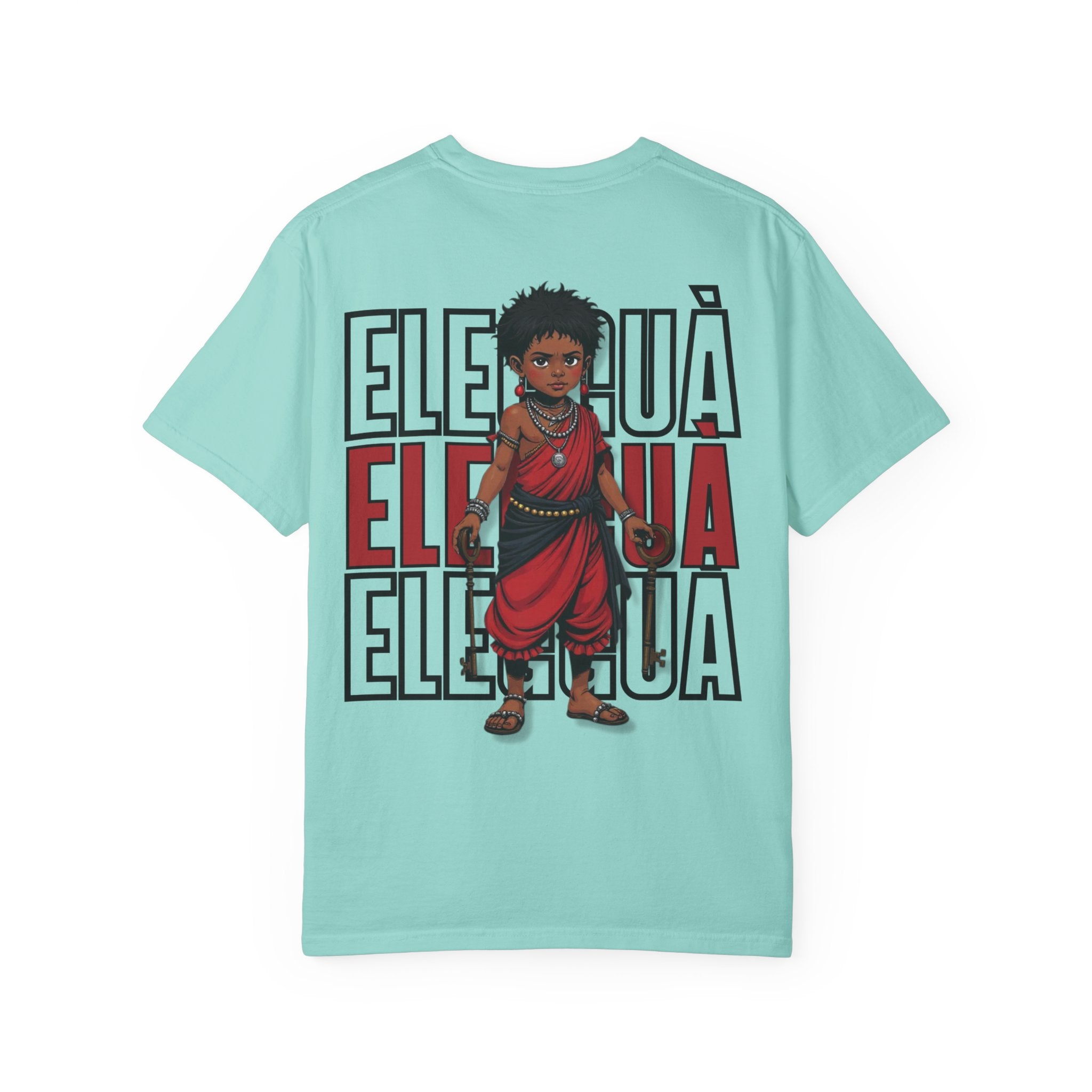 Elegguà T-Shirt — Afro Child Illustration Tee with Repeated Text Back Print