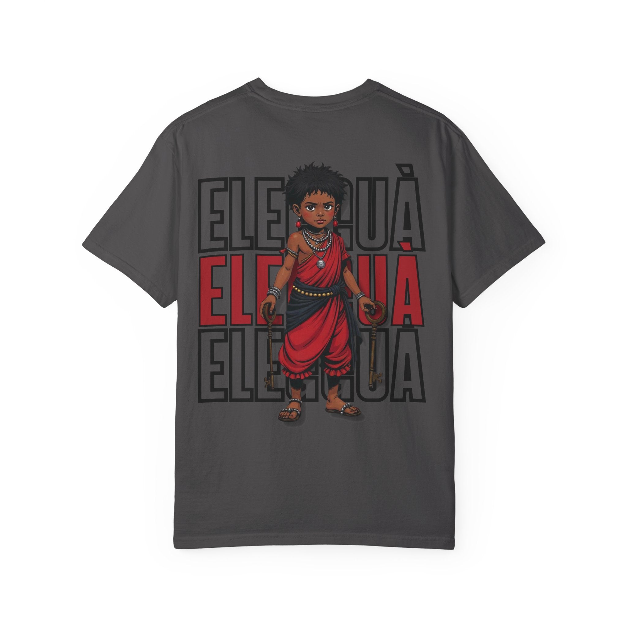 Elegguà T-Shirt — Afro Child Illustration Tee with Repeated Text Back Print