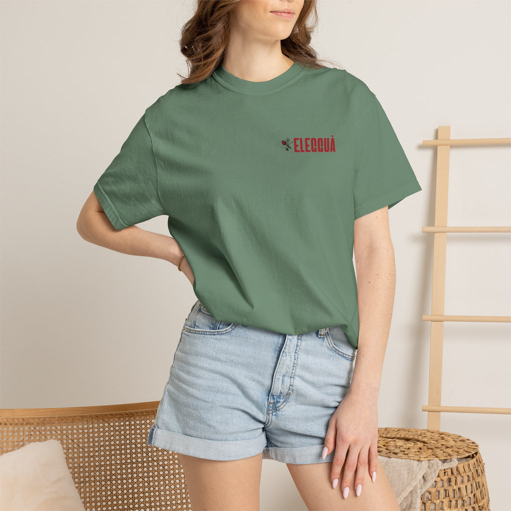 Elegguà T-Shirt — Afro Child Illustration Tee with Repeated Text Back Print