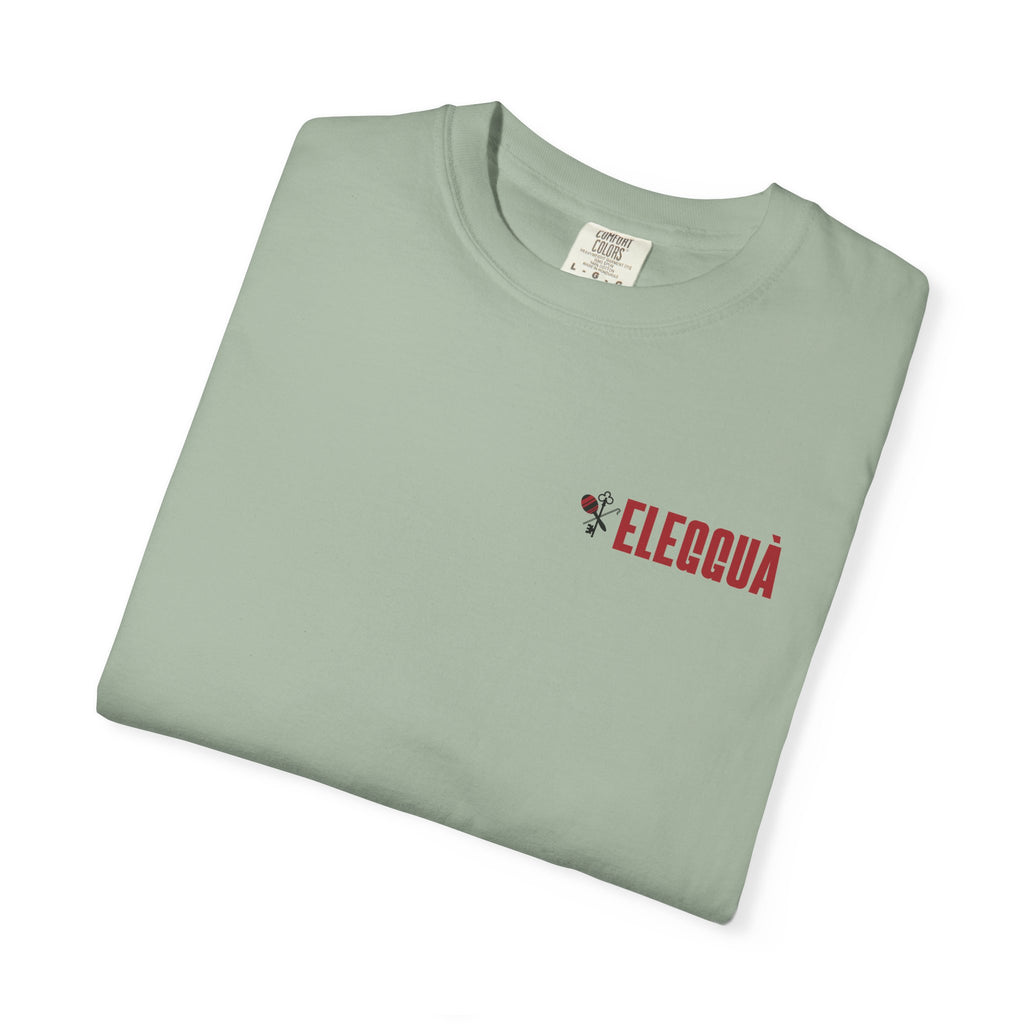 Elegguà T-Shirt — Afro Child Illustration Tee with Repeated Text Back Print