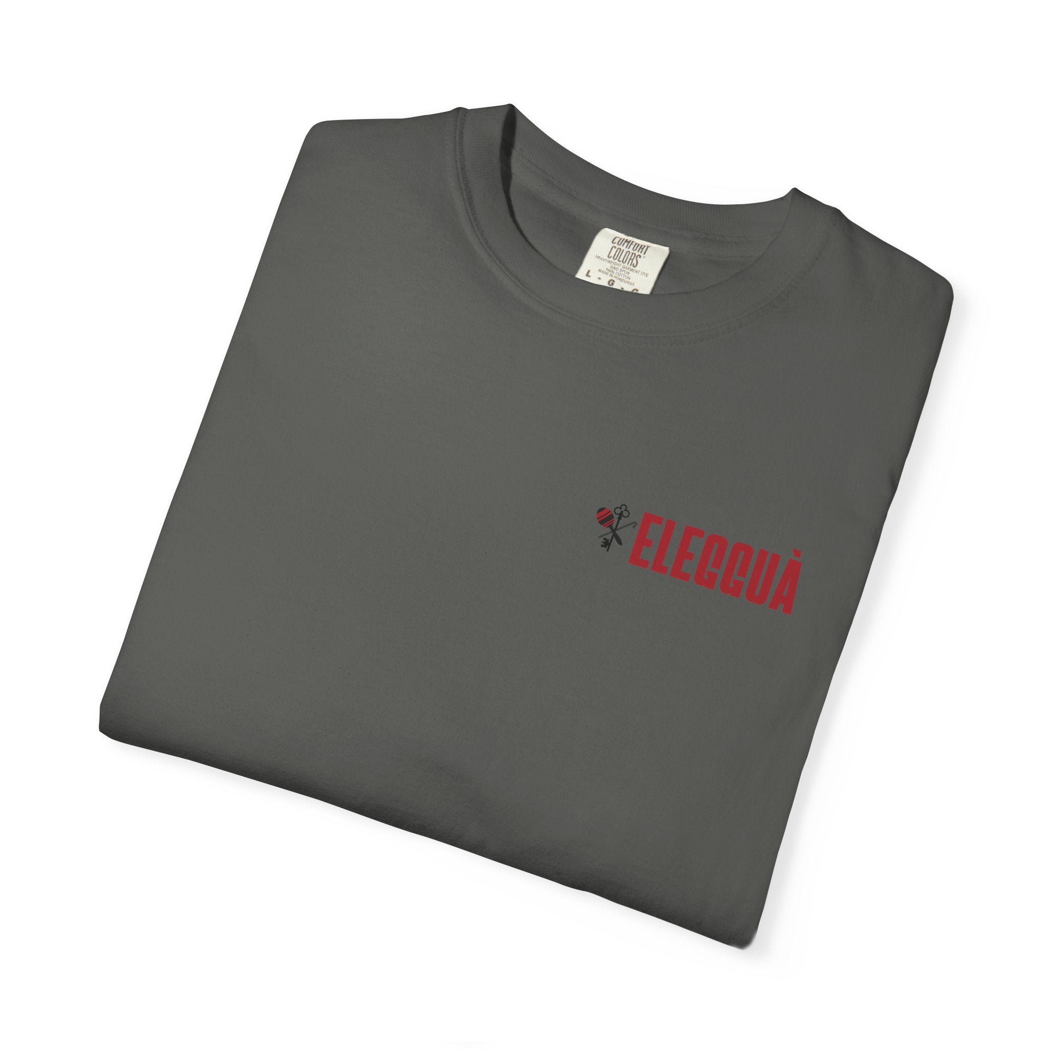 Elegguà T-Shirt — Afro Child Illustration Tee with Repeated Text Back Print