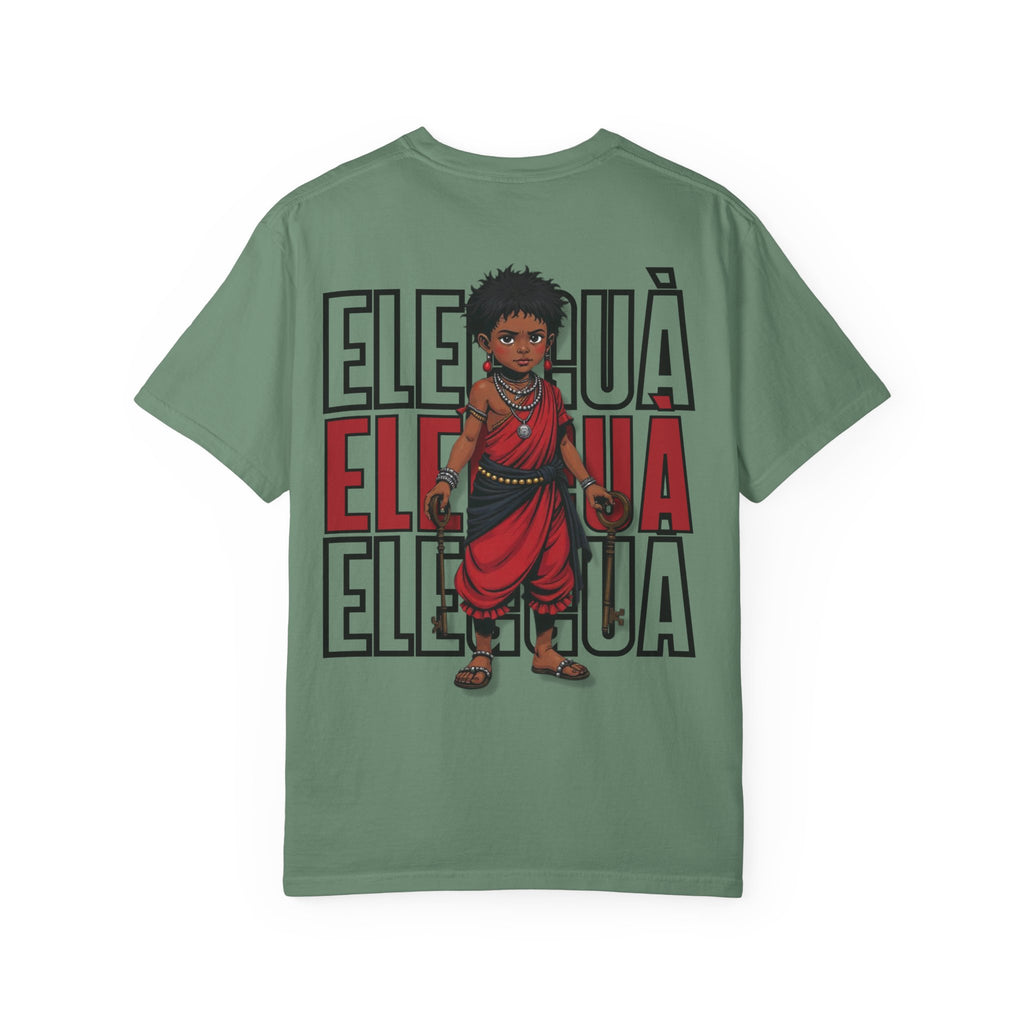 Elegguà T-Shirt — Afro Child Illustration Tee with Repeated Text Back Print