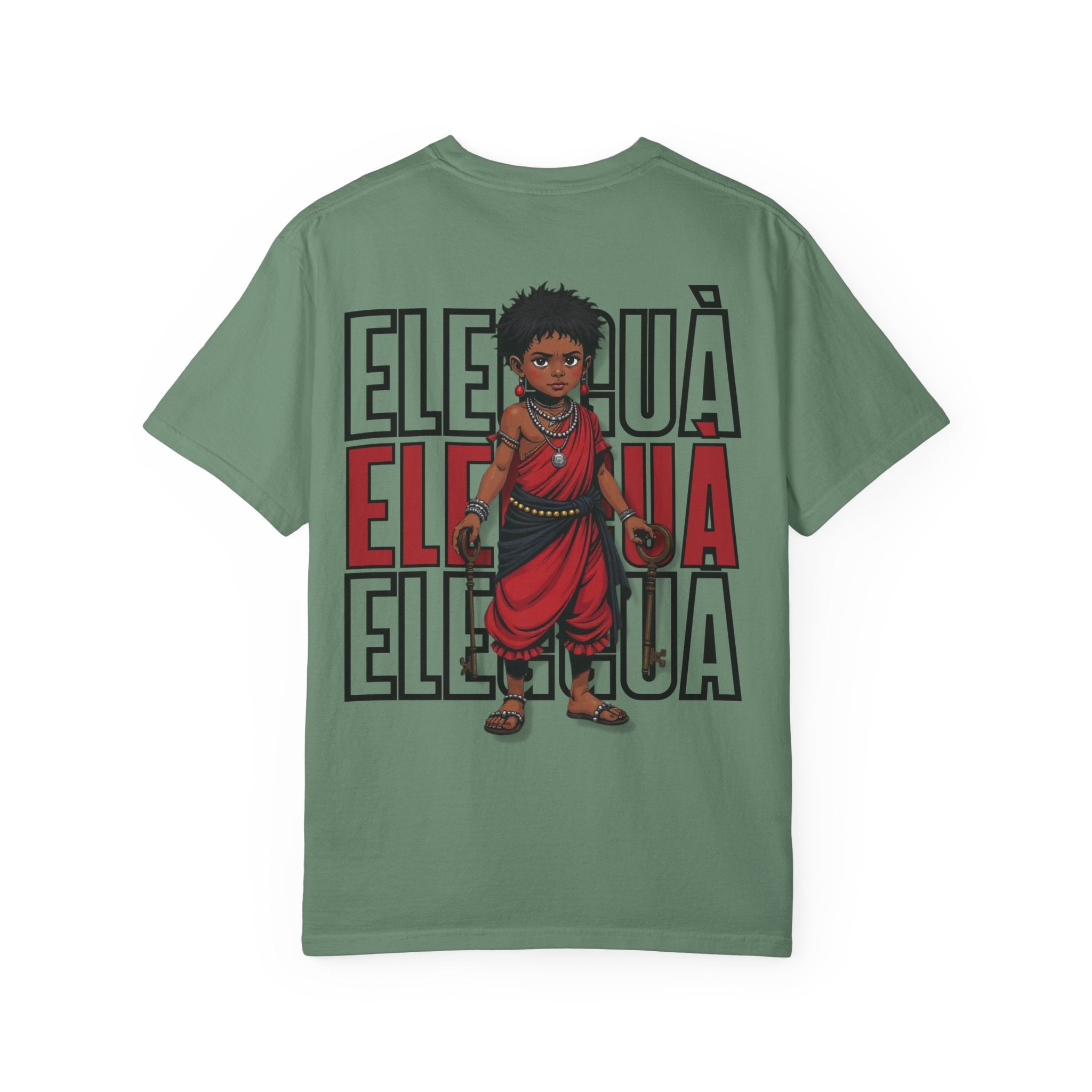 Elegguà T-Shirt — Afro Child Illustration Tee with Repeated Text Back Print