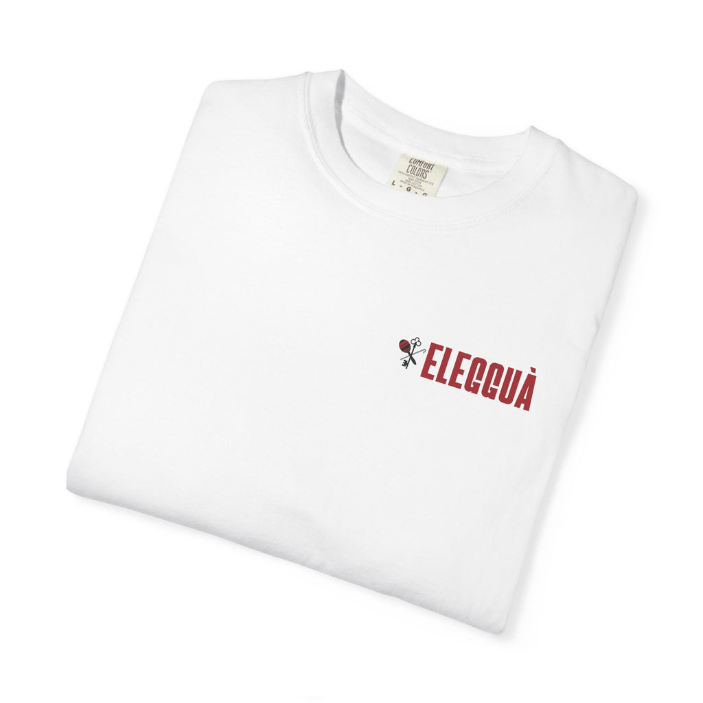 Elegguà T-Shirt — Afro Child Illustration Tee with Repeated Text Back Print