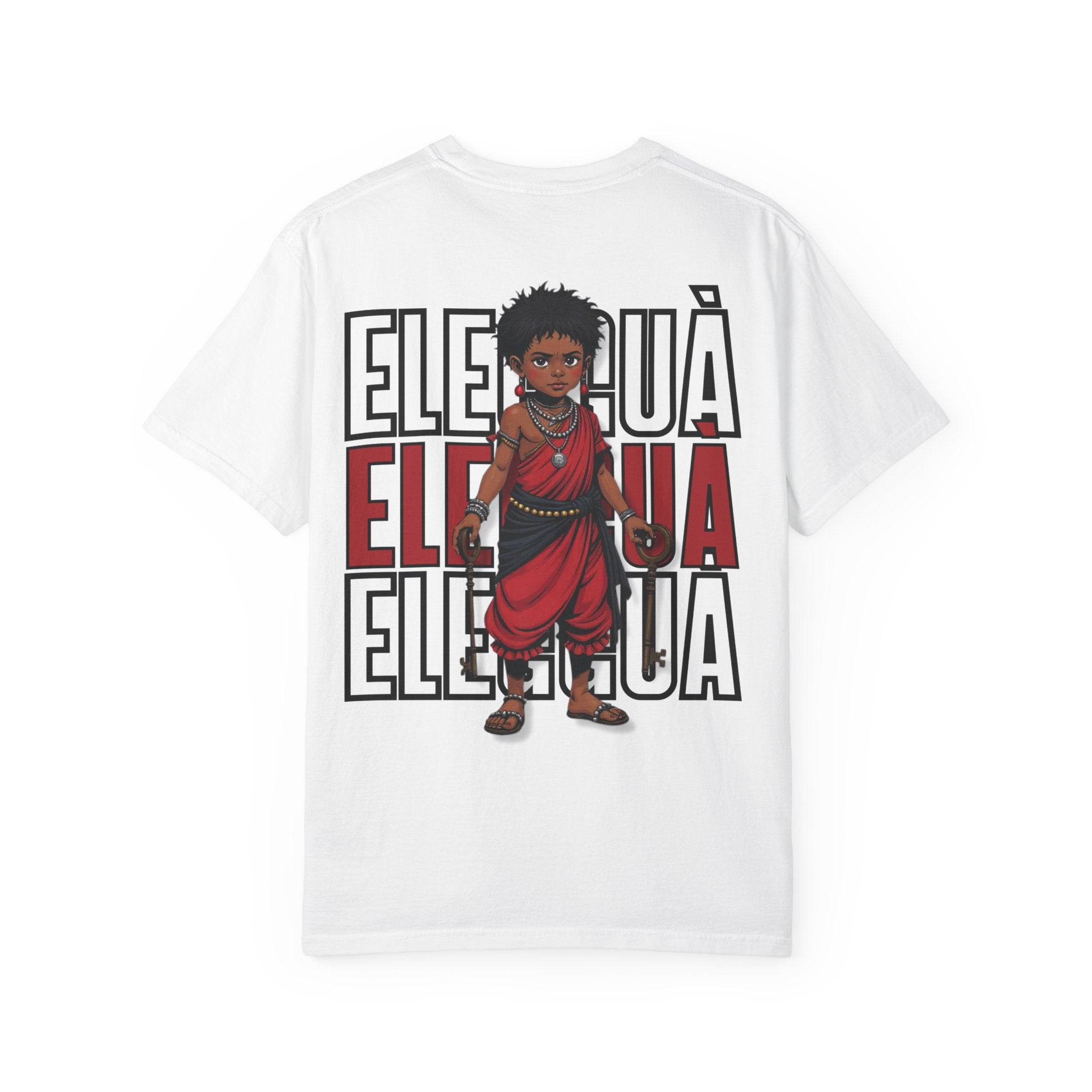 Elegguà T-Shirt — Afro Child Illustration Tee with Repeated Text Back Print