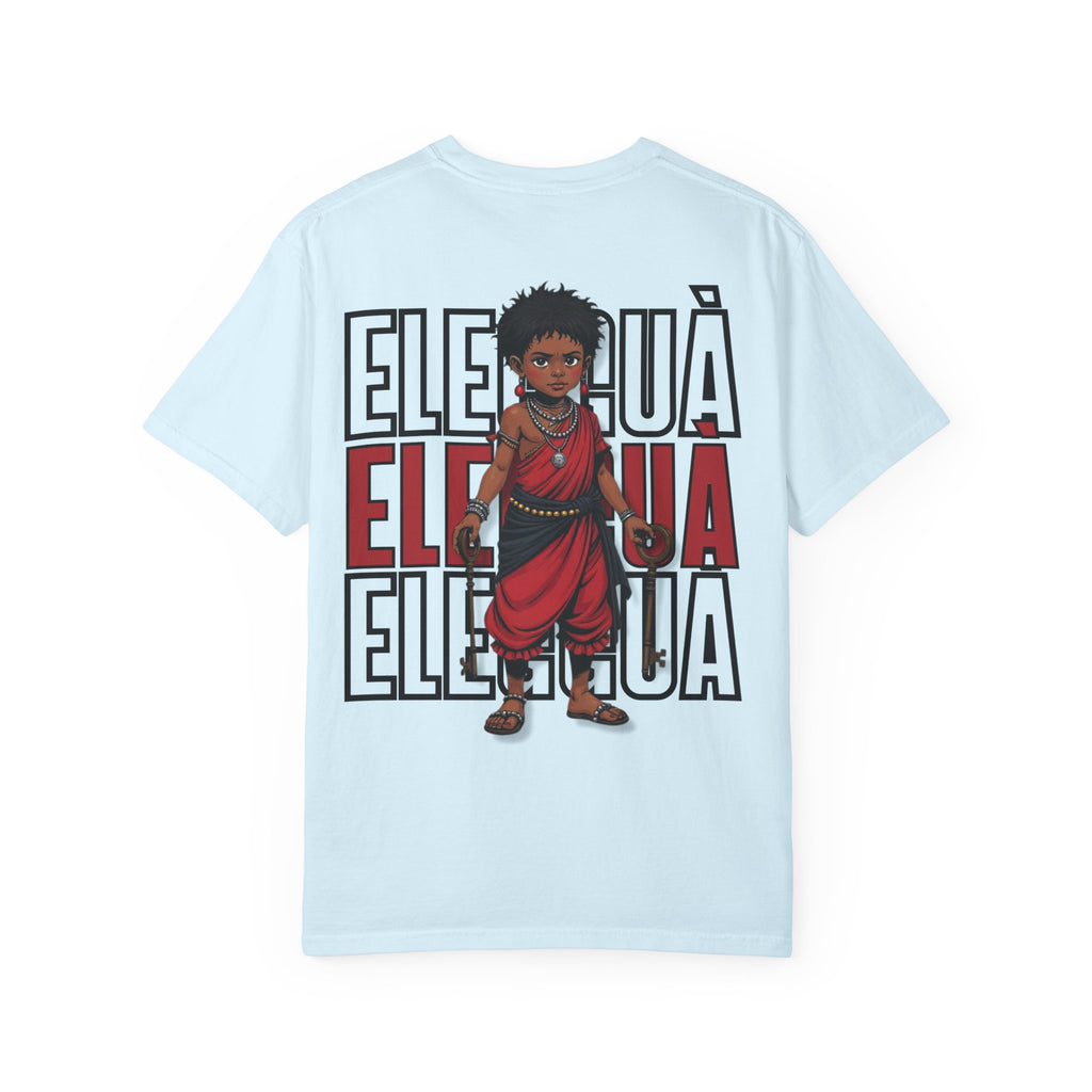 Elegguà T-Shirt — Afro Child Illustration Tee with Repeated Text Back Print