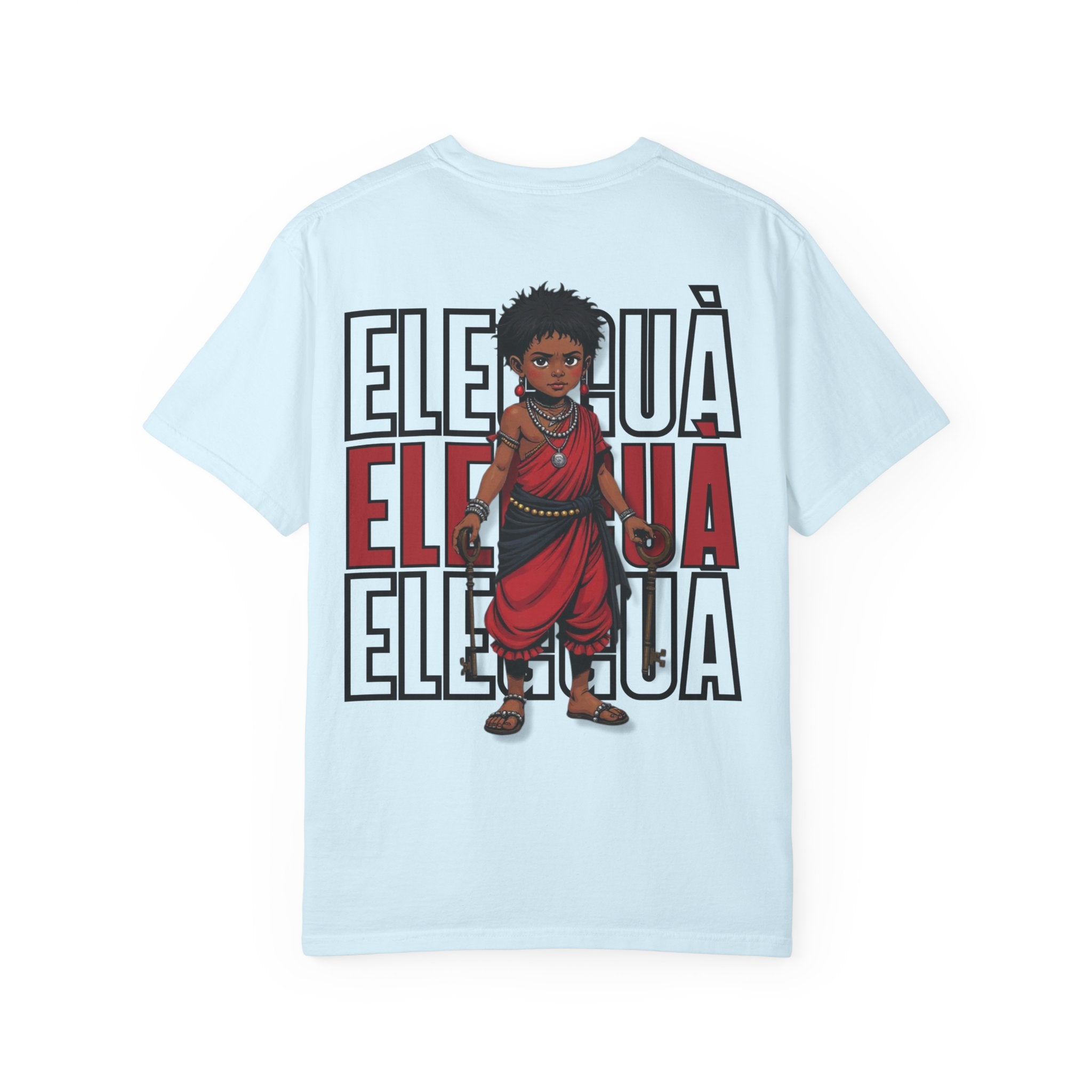 Elegguà T-Shirt — Afro Child Illustration Tee with Repeated Text Back Print