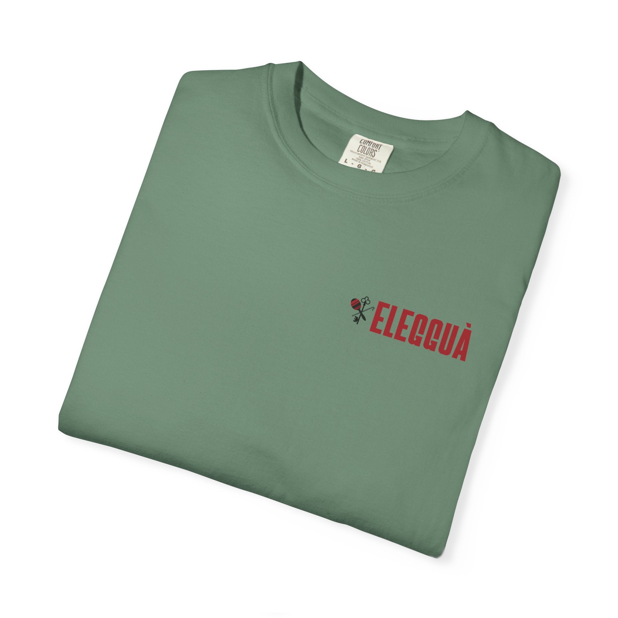 Elegguà T-Shirt — Afro Child Illustration Tee with Repeated Text Back Print
