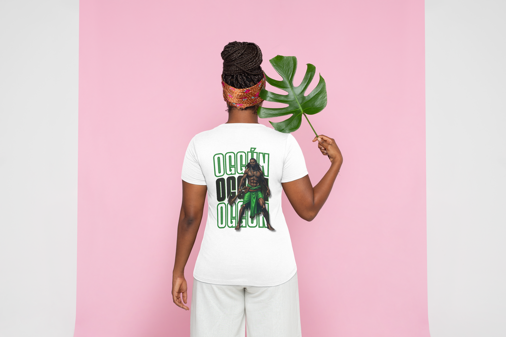 Oggún warrior illustration T-shirt | Afro-Caribbean deity art, green back print