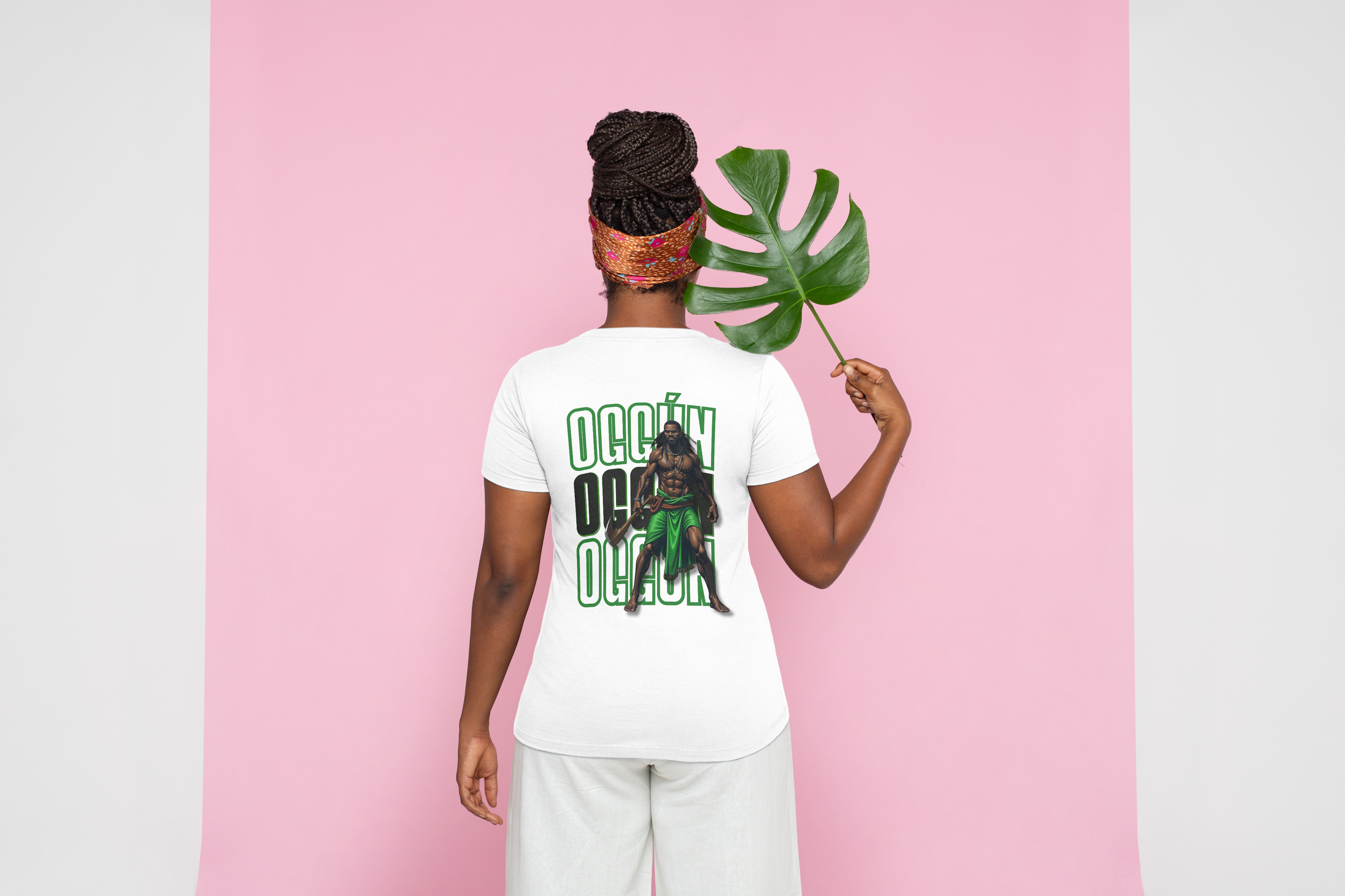 Oggún warrior illustration T-shirt | Afro-Caribbean deity art, green back print