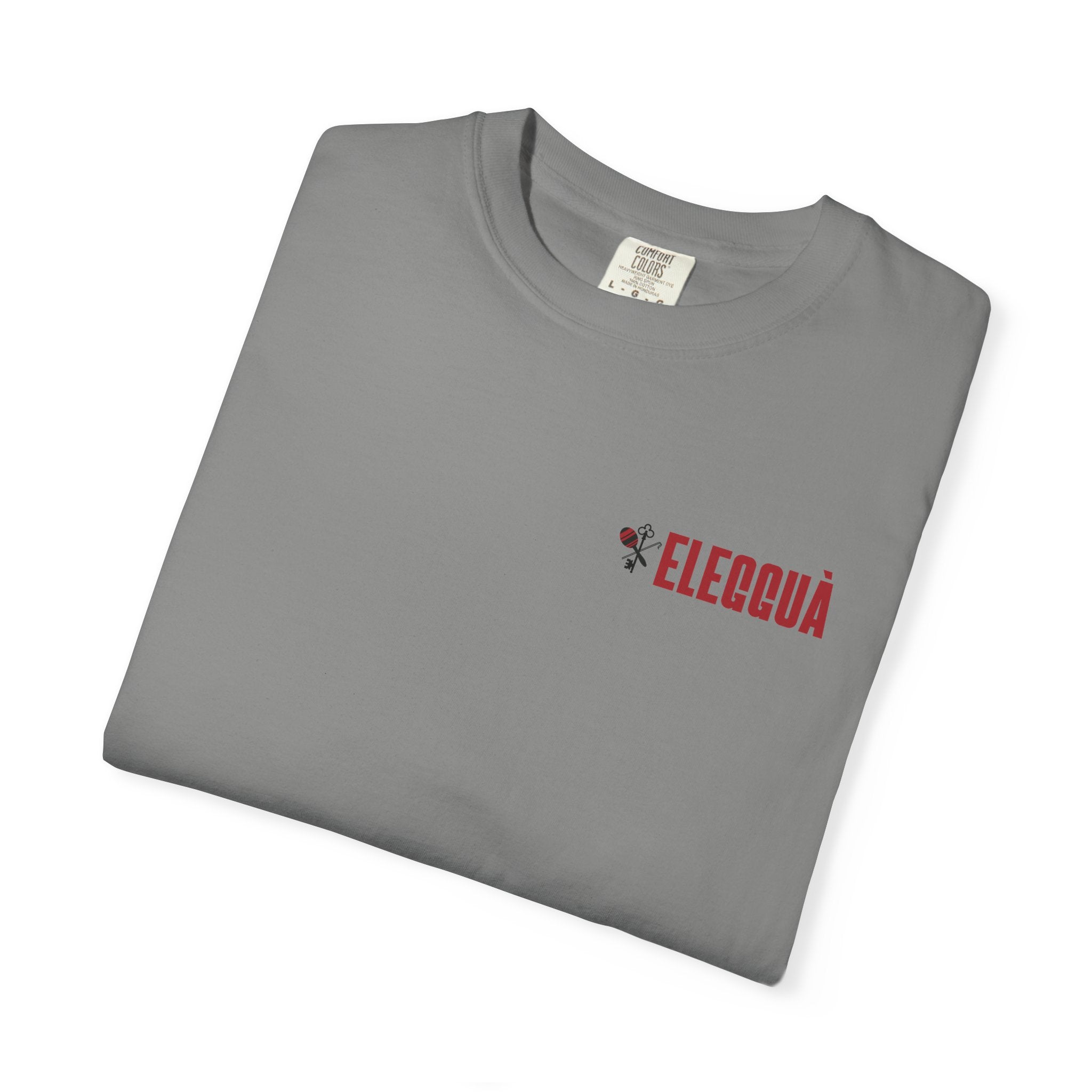 Elegguà T-Shirt — Afro Child Illustration Tee with Repeated Text Back Print