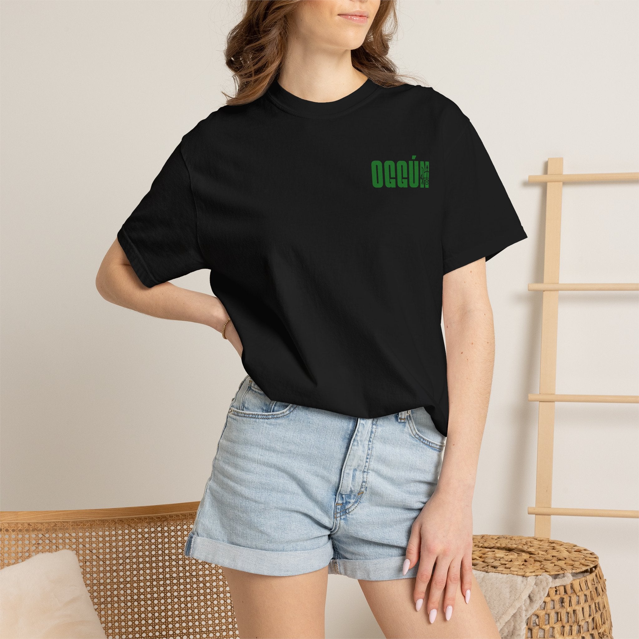 Oggún warrior illustration T-shirt | Afro-Caribbean deity art, green back print