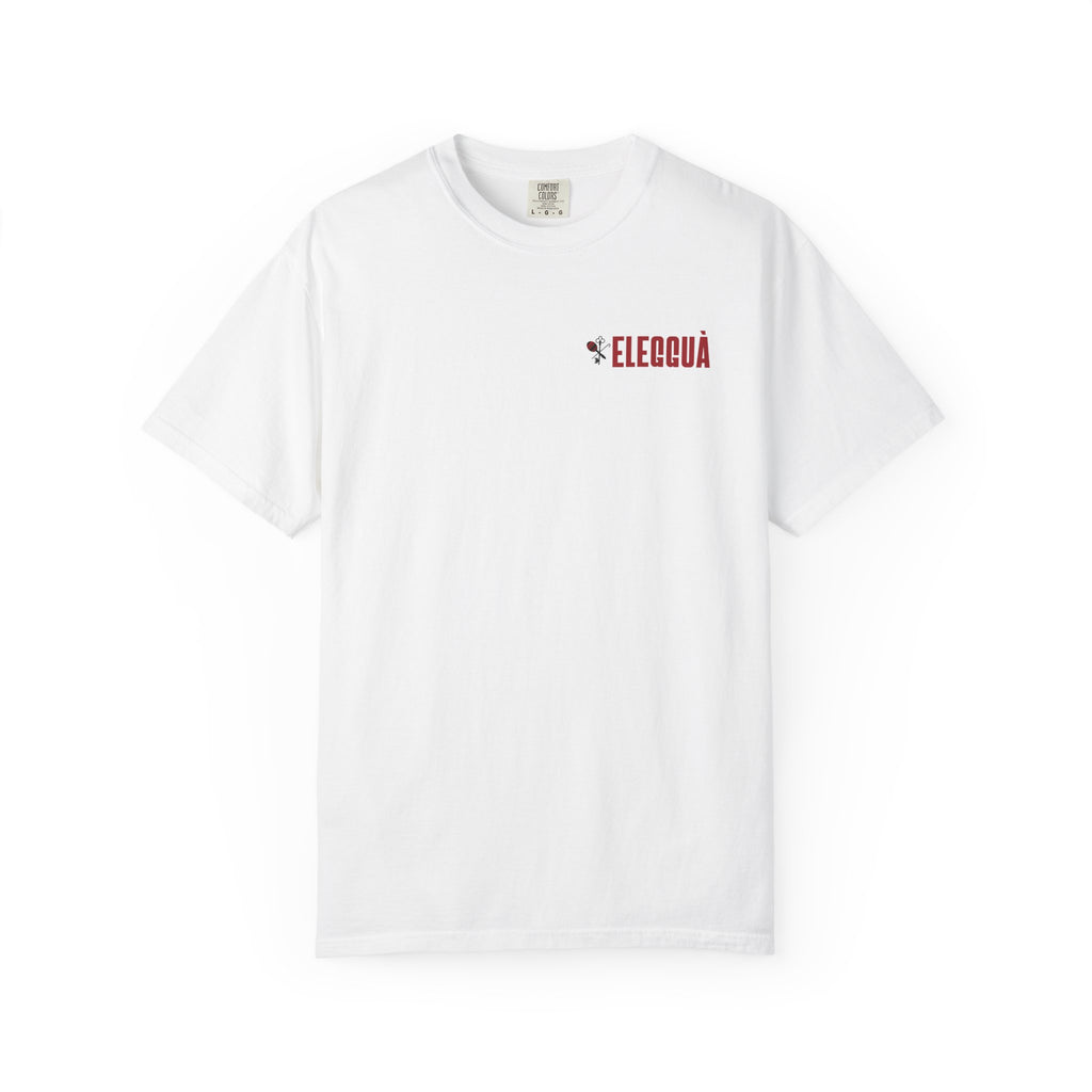 Elegguà T-Shirt — Afro Child Illustration Tee with Repeated Text Back Print
