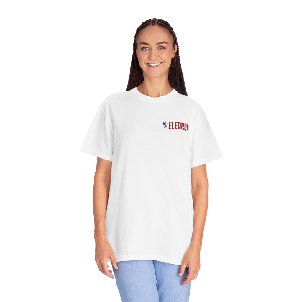Elegguà T-Shirt — Afro Child Illustration Tee with Repeated Text Back Print