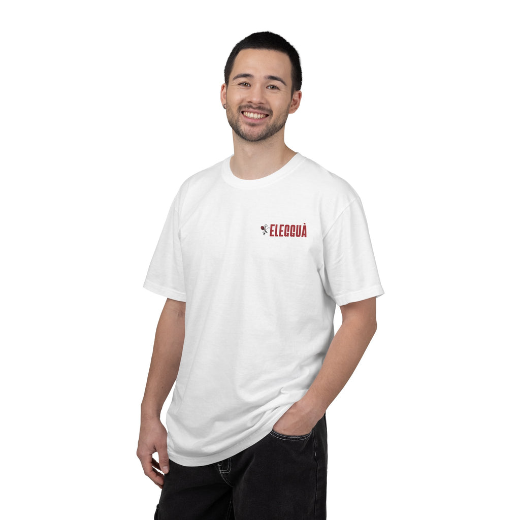 Elegguà T-Shirt — Afro Child Illustration Tee with Repeated Text Back Print