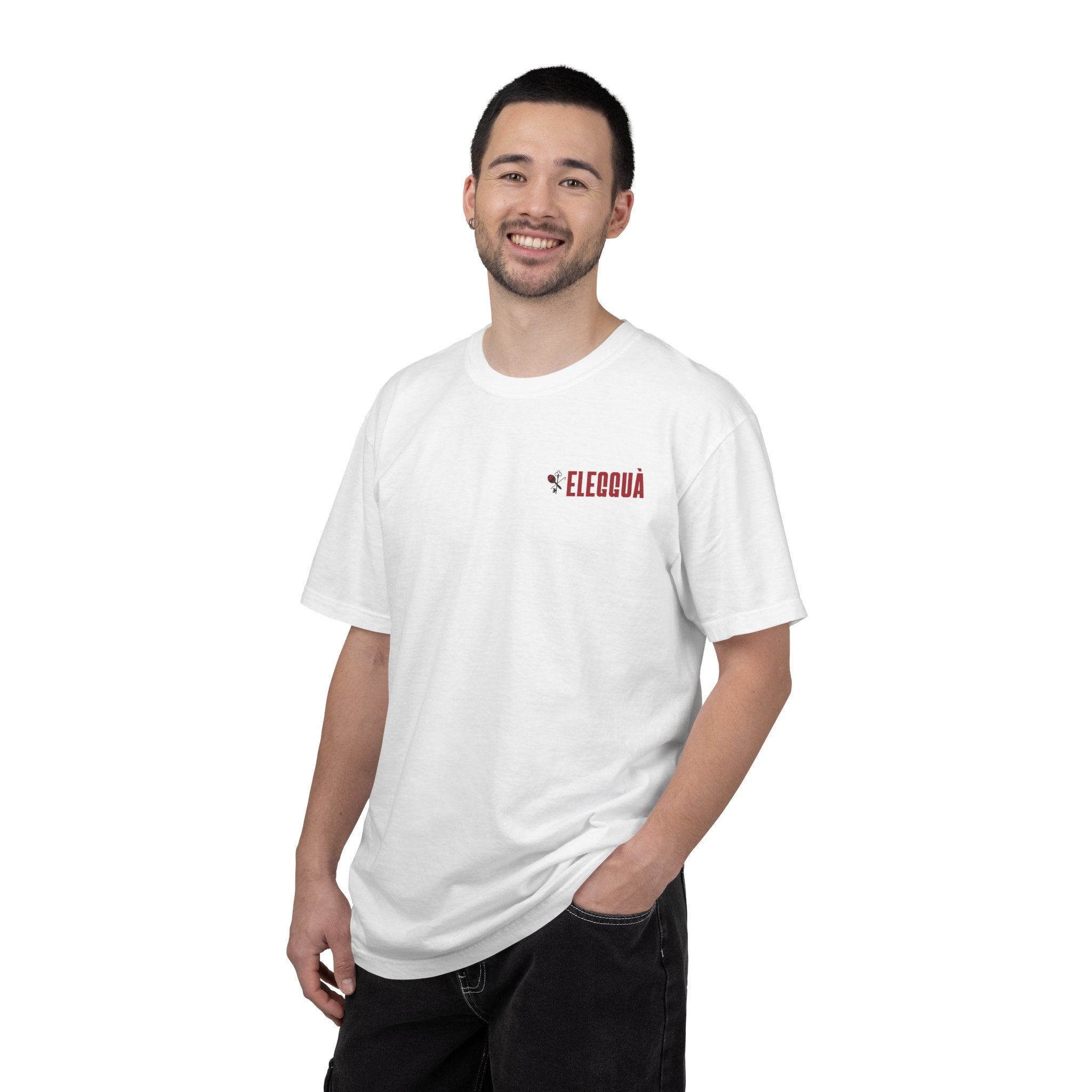 Elegguà T-Shirt — Afro Child Illustration Tee with Repeated Text Back Print