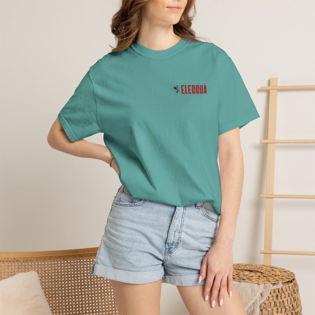 Elegguà T-Shirt — Afro Child Illustration Tee with Repeated Text Back Print