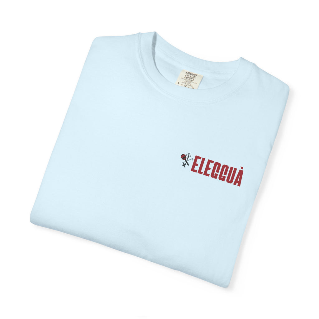 Elegguà T-Shirt — Afro Child Illustration Tee with Repeated Text Back Print