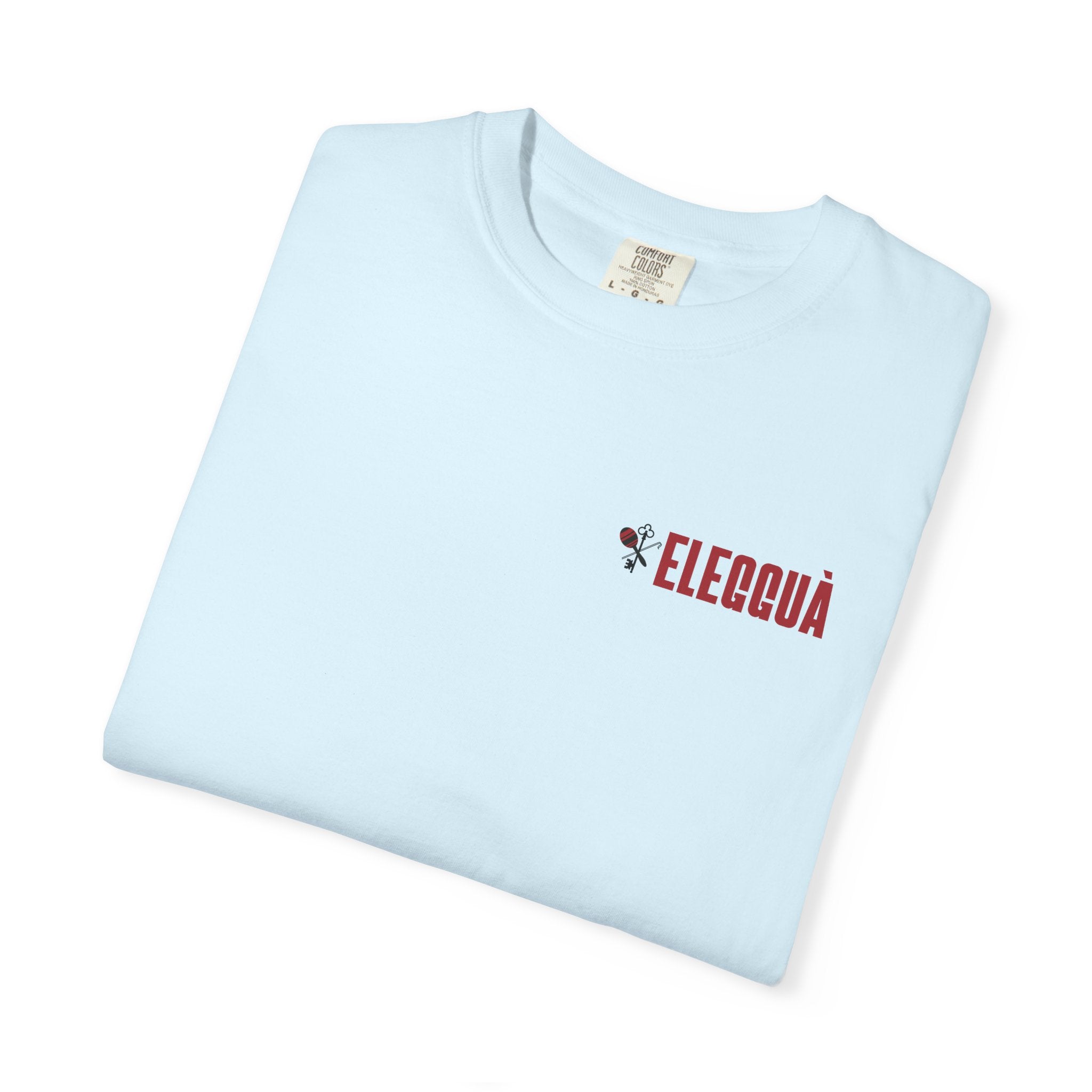 Elegguà T-Shirt — Afro Child Illustration Tee with Repeated Text Back Print